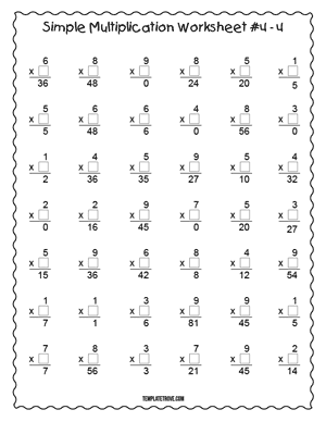 Printable Simple Multiplication Worksheet 4 - For 2nd and 3rd Graders