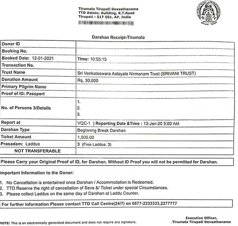 Tirupati SRIVANI Trust VIP Darshan Ticket Booking Procedure, Cost