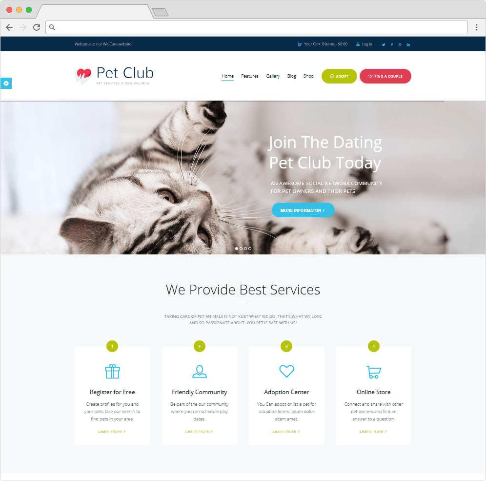 Pet Club, WordPress Pet Adoption and Dating Theme Templified
