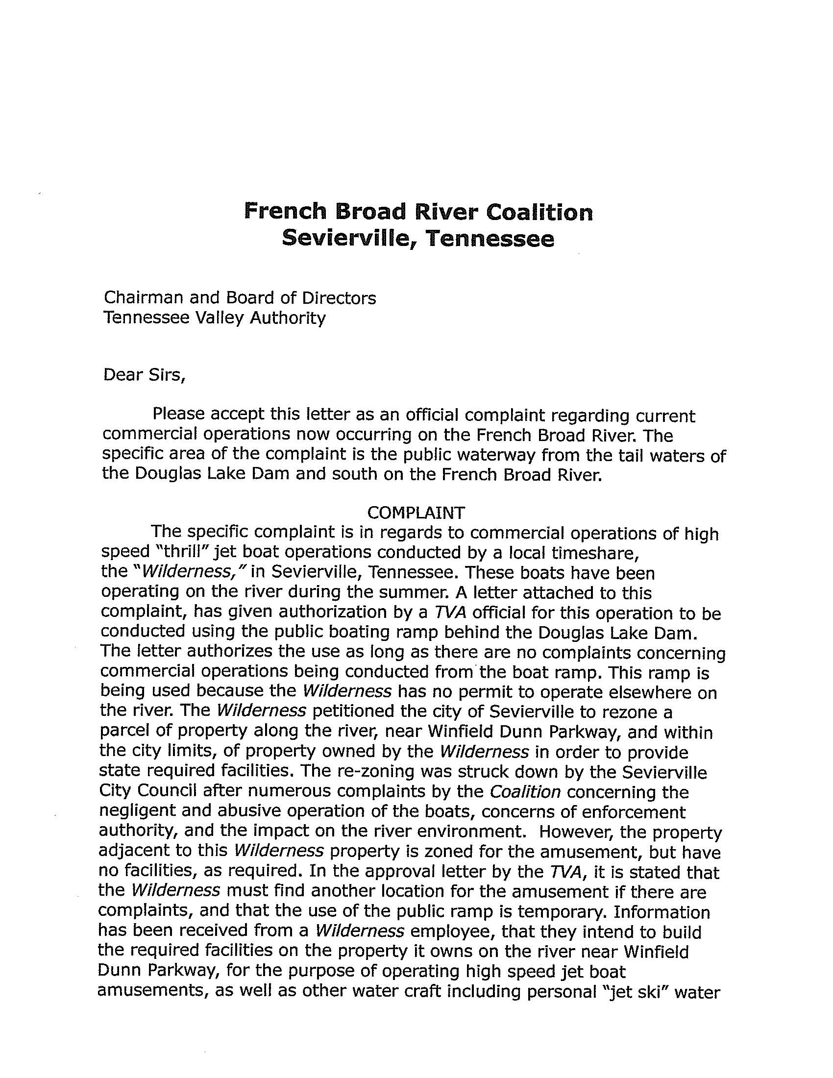 COMPLAINT LETTER FILED WITH TENNESSEE VALLEY AUTHORITIES ...
