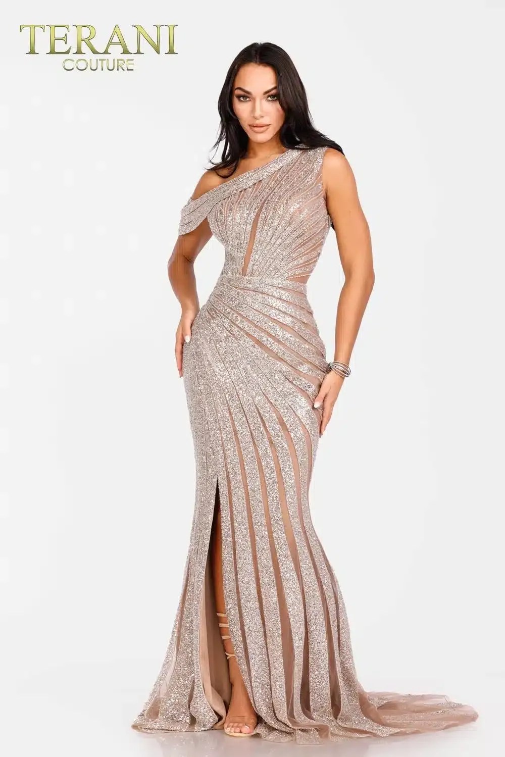 Taupe One Shoulder Luxury Evening Dress 231E0621