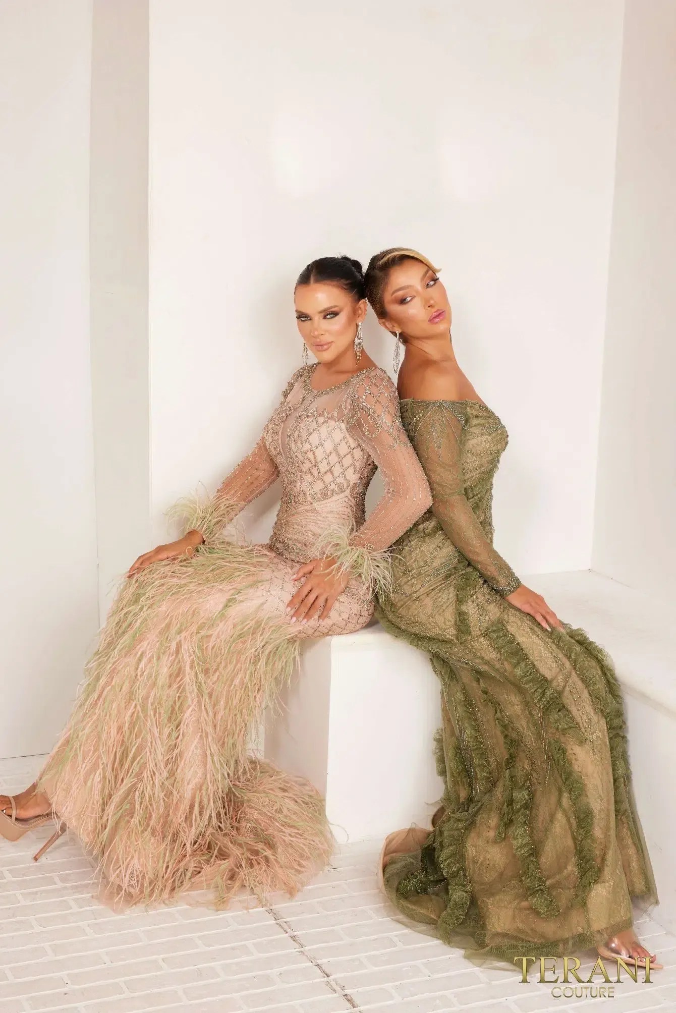 241GL2628 Long Sleeves Off-Shoulder Fishnet Olive Nude Column Evening Dress