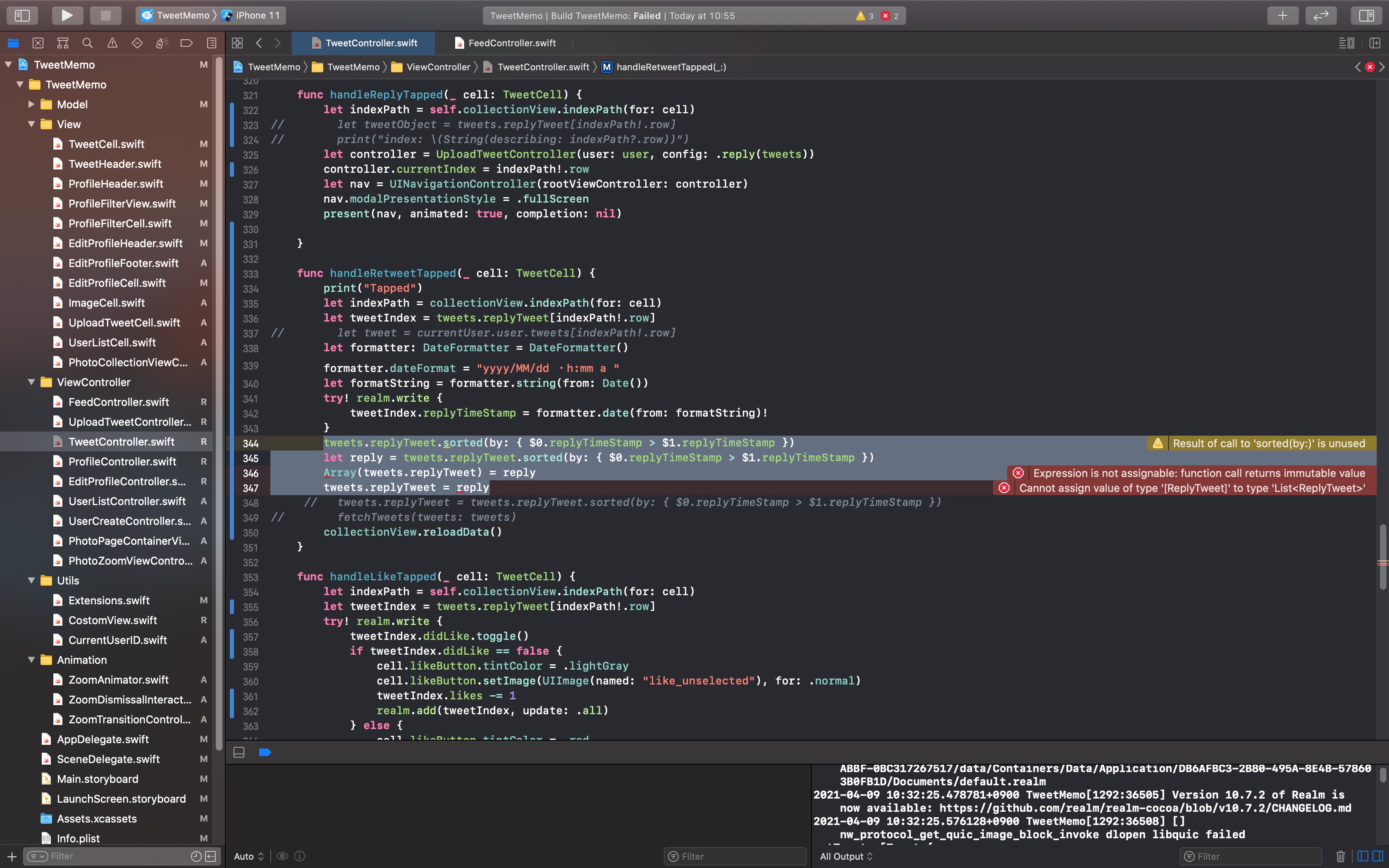 ソートする際にExpression is not assignable function call returns immutable value