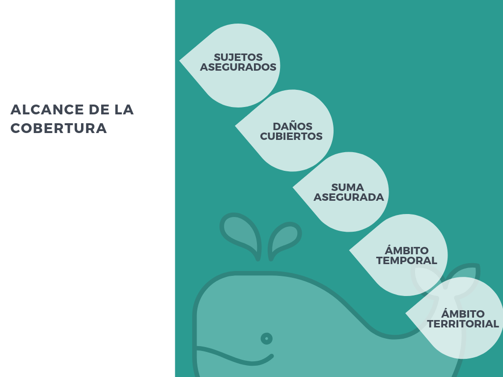Resumen del alcance de la cobertura de un ciberseguro.
1.- Sujetos asegurados
2.- Daños cubiertos
3.- Suma asegurada
4.- Ámbito temporal
5.- Ámbito territorial