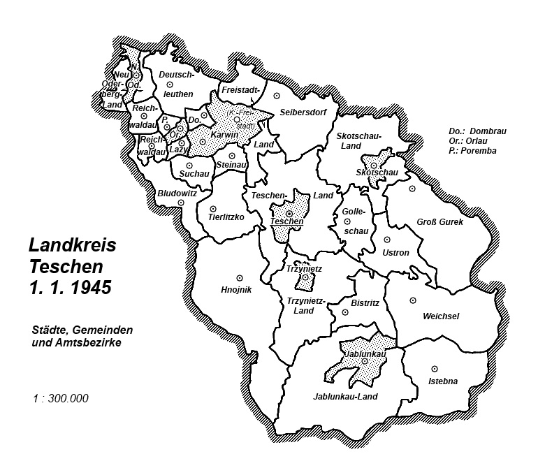 Karten Landkreis Teschen 1. 1. 1945 Städte