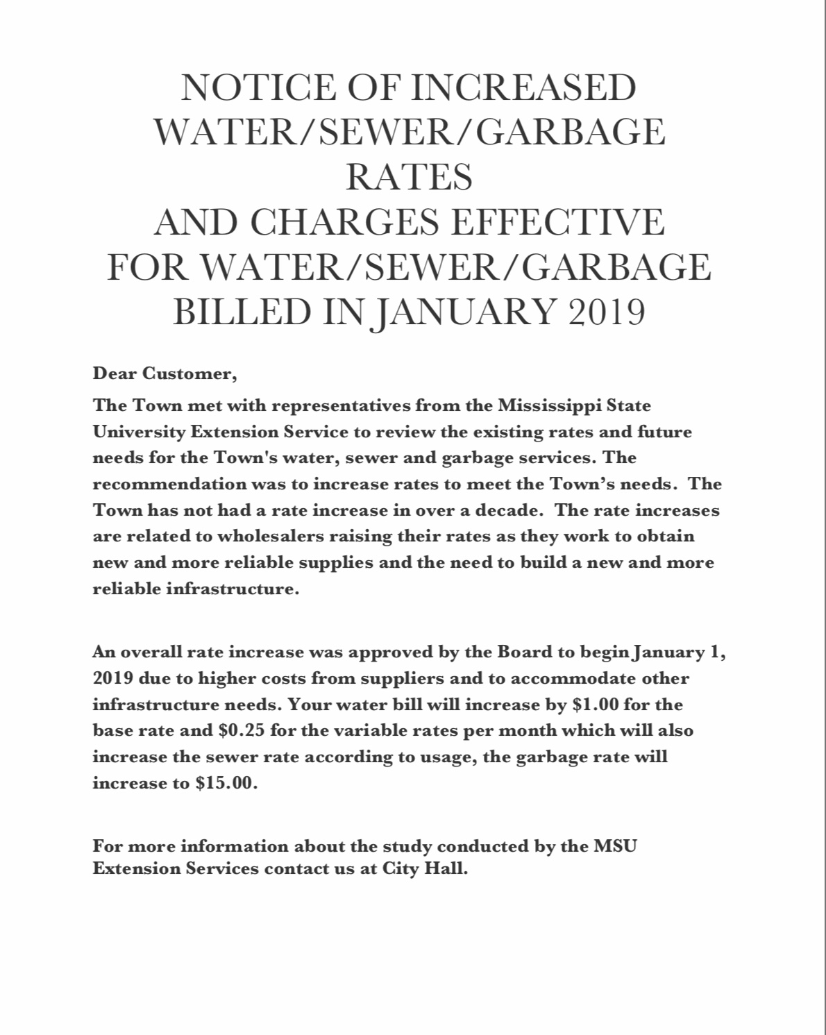 Notice of Increased Water/Sewer/Garbage Rates Town of Terry