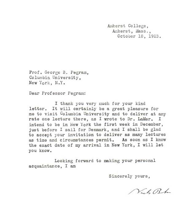 Letter by Niels Bohr to George Pegram (583 x 707 Pixel)