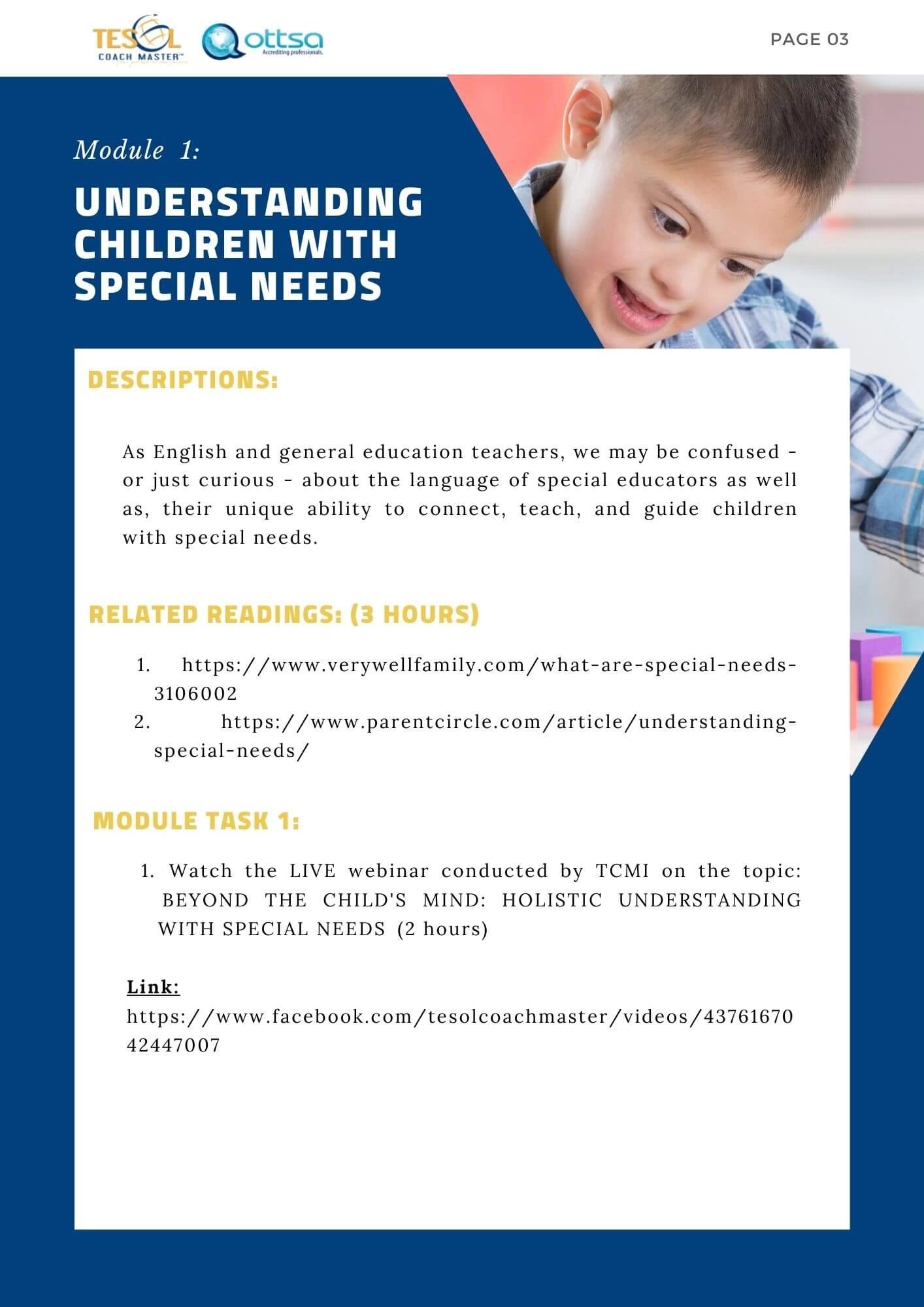 CERTIFICATE IN ENGLISH LANGUAGE TEACHING TO CHILDREN WITH SPECIAL NEEDS (CELTCSN 60