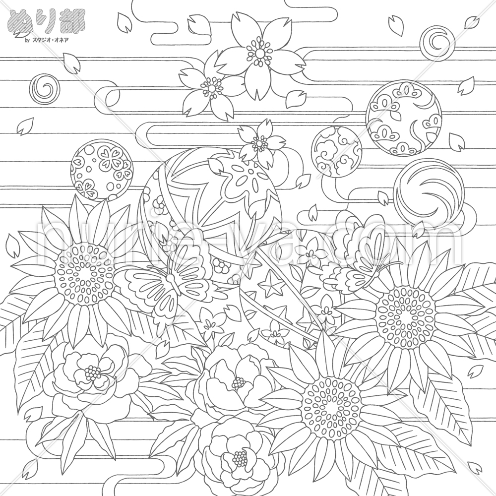 【無料】花と鞠のおしゃれな和柄の大人の塗り絵 ぬり部
