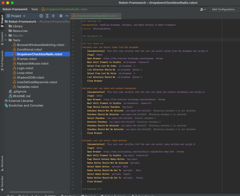 Handling Dropdowns, Checkboxes and Radio Buttons in Robot Framework