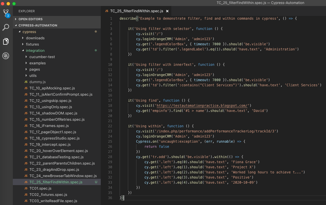 How to use filter(), find() and within() commands in cypress TestersDock