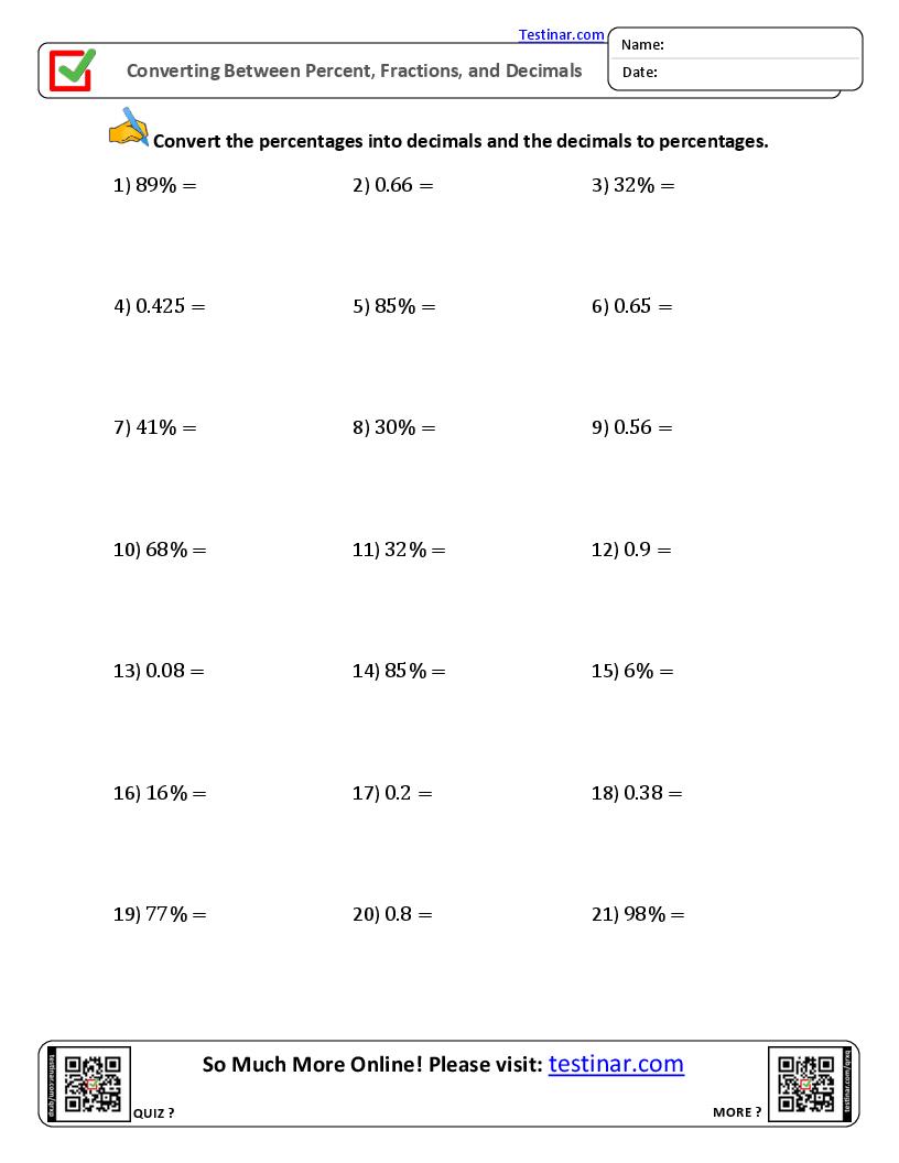Converting Between Percent, Fractions, and Decimals worksheets