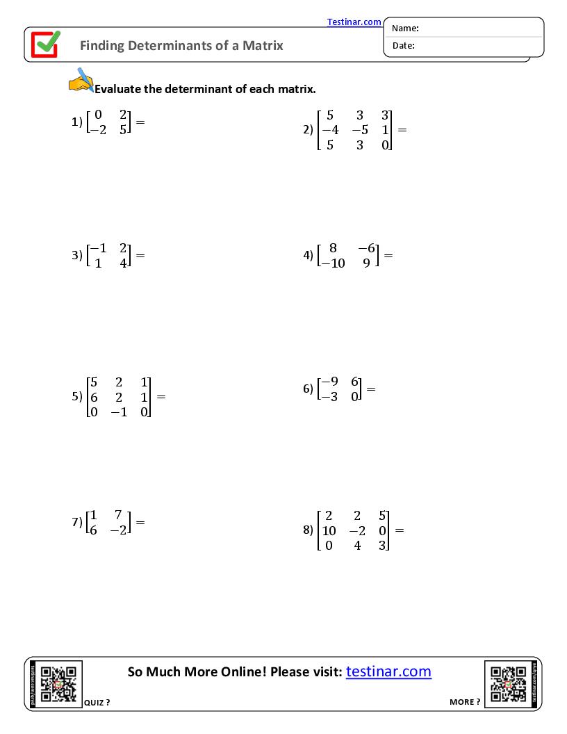 Finding Determinants of a Matrix worksheets