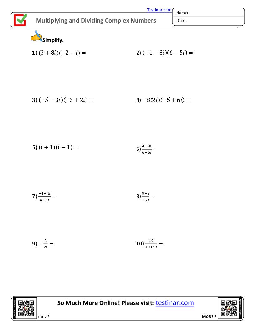 Multiplying and Dividing Complex Numbers worksheets