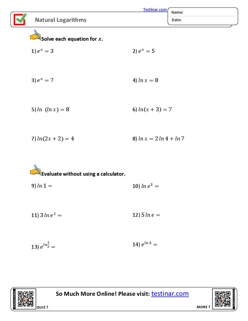 Natural Logarithms worksheets