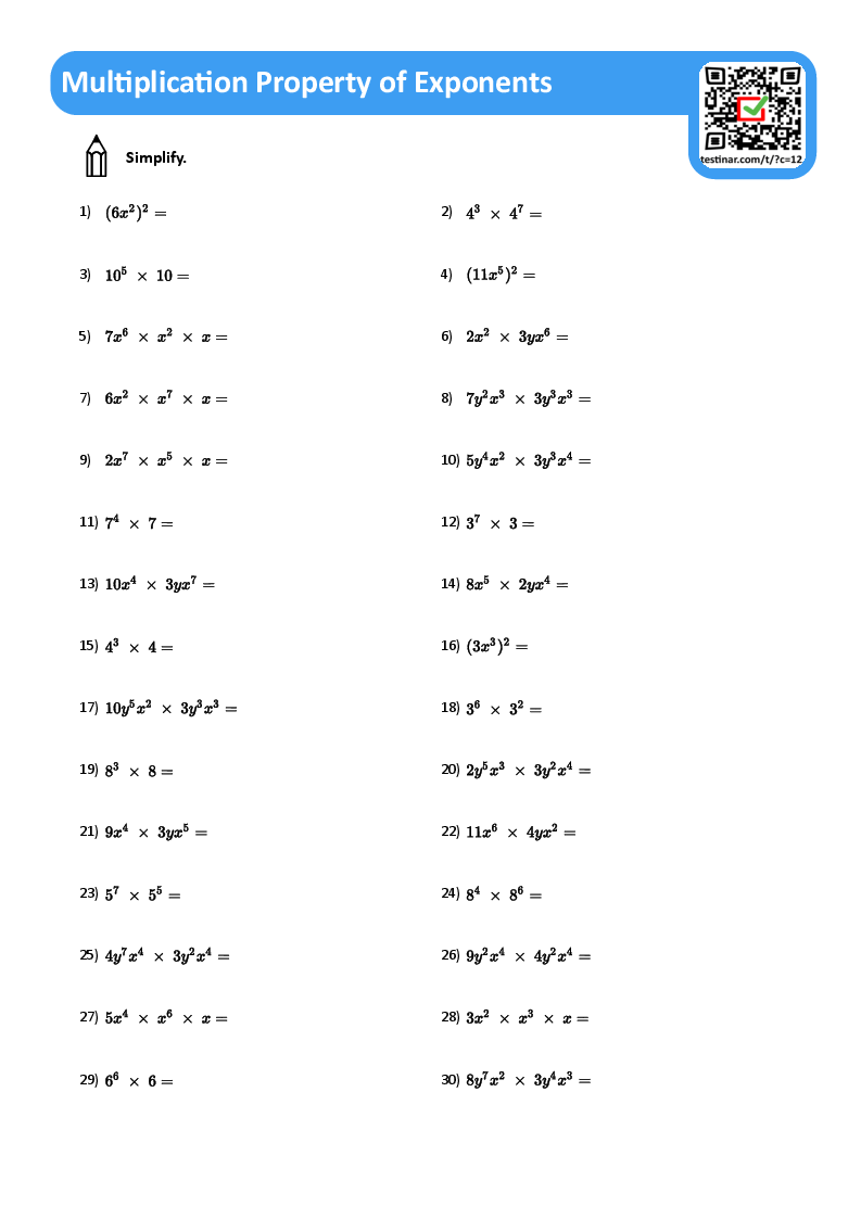 Multiplication Property of Exponents worksheets