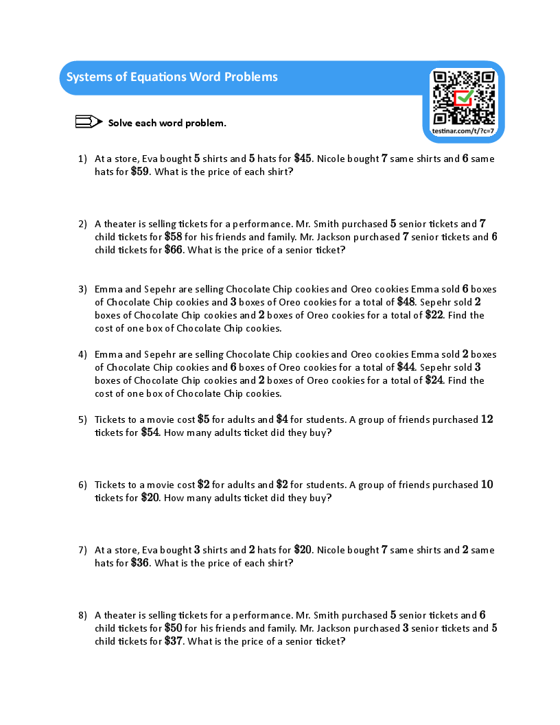 Systems of Equations Word Problems worksheets