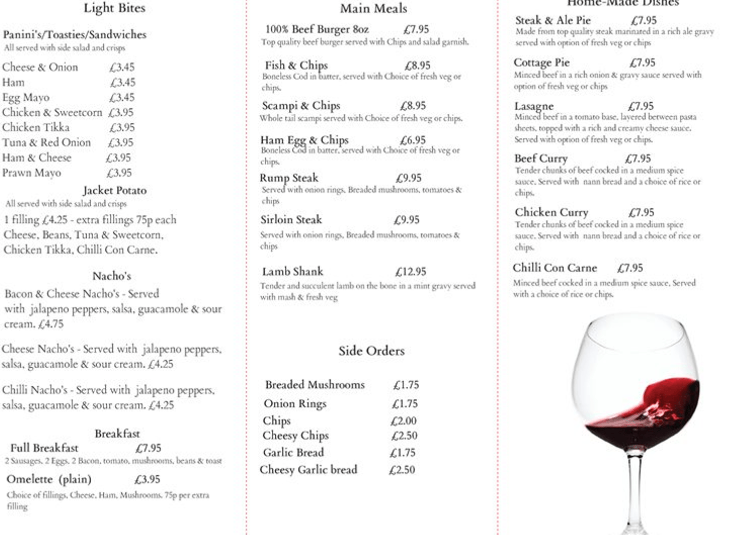 Menu Halfway House Bovingdon