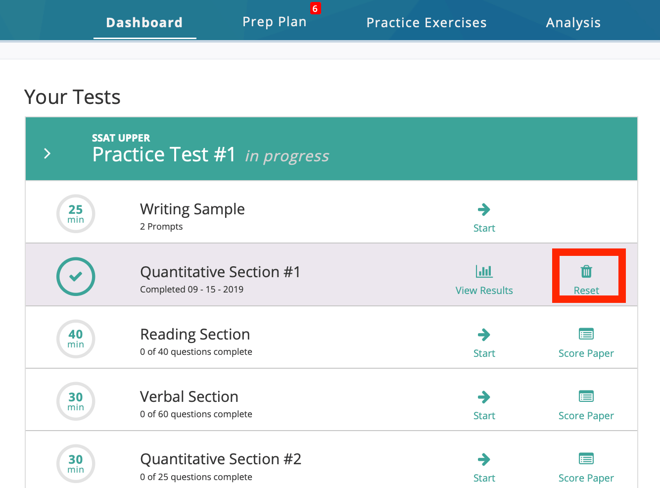 Retaking a Practice Test and Resetting a Practice Test Section Test