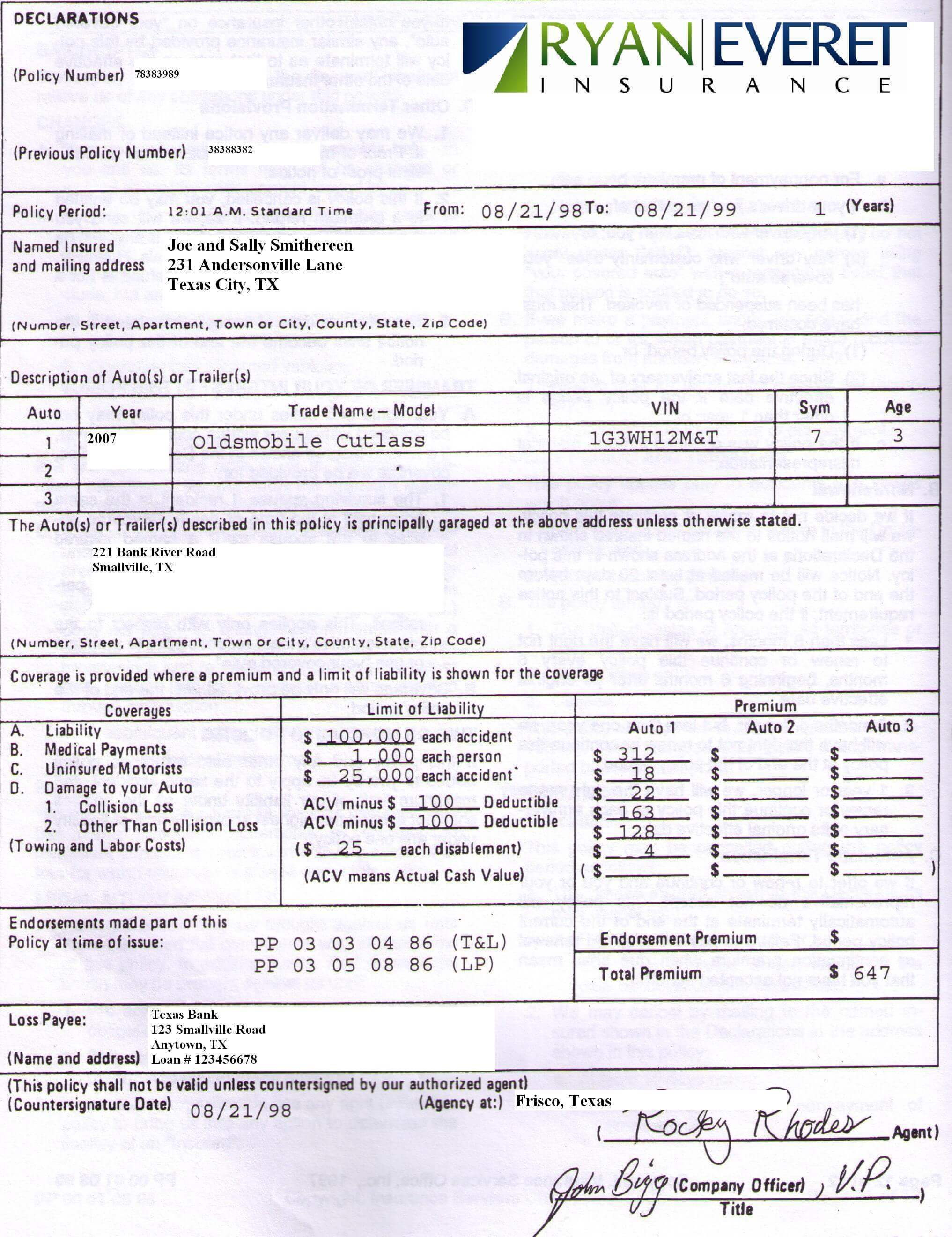 sample auto dec page Home Insurance Denton TX