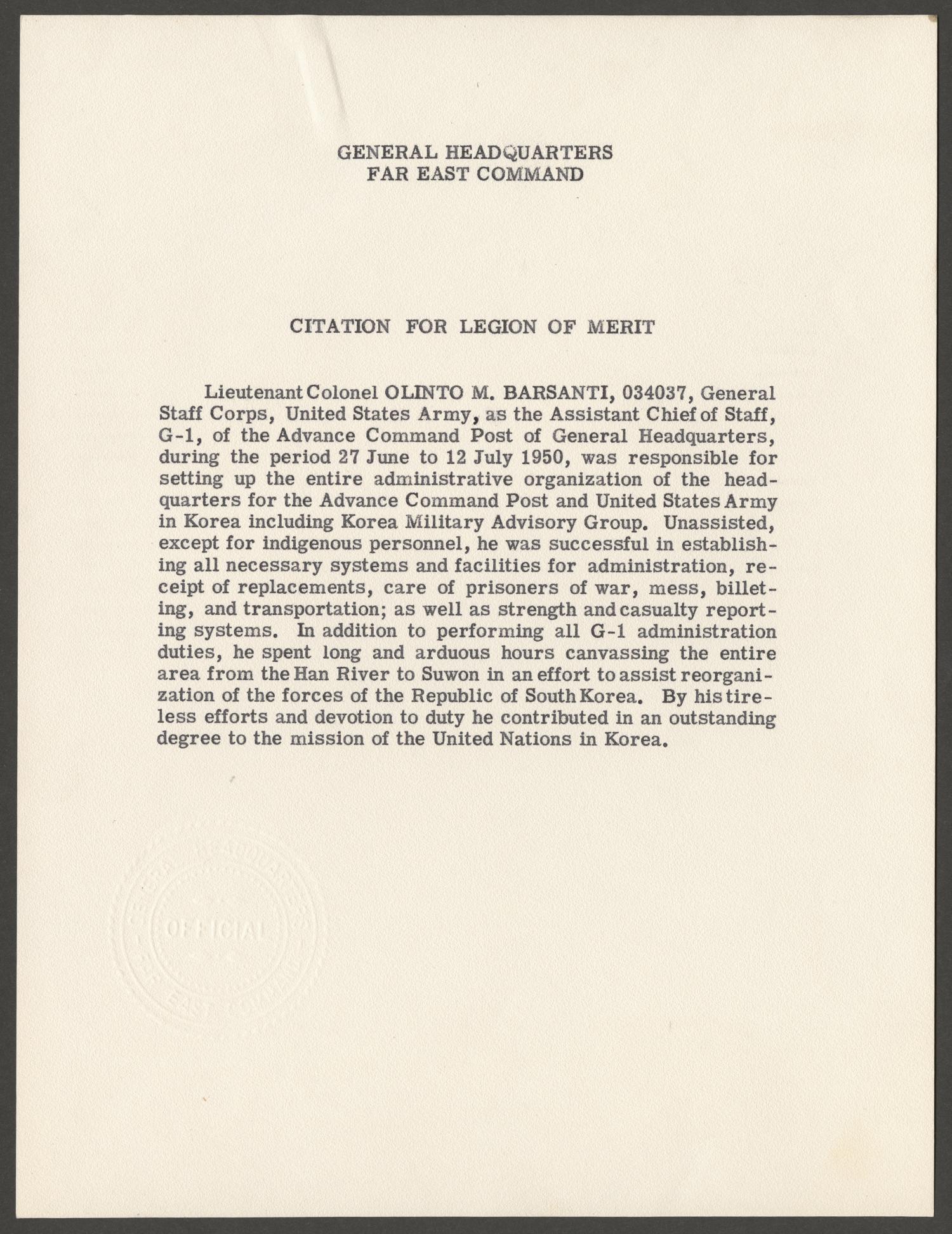 [Citation for Legion of Merit] The Portal to Texas History