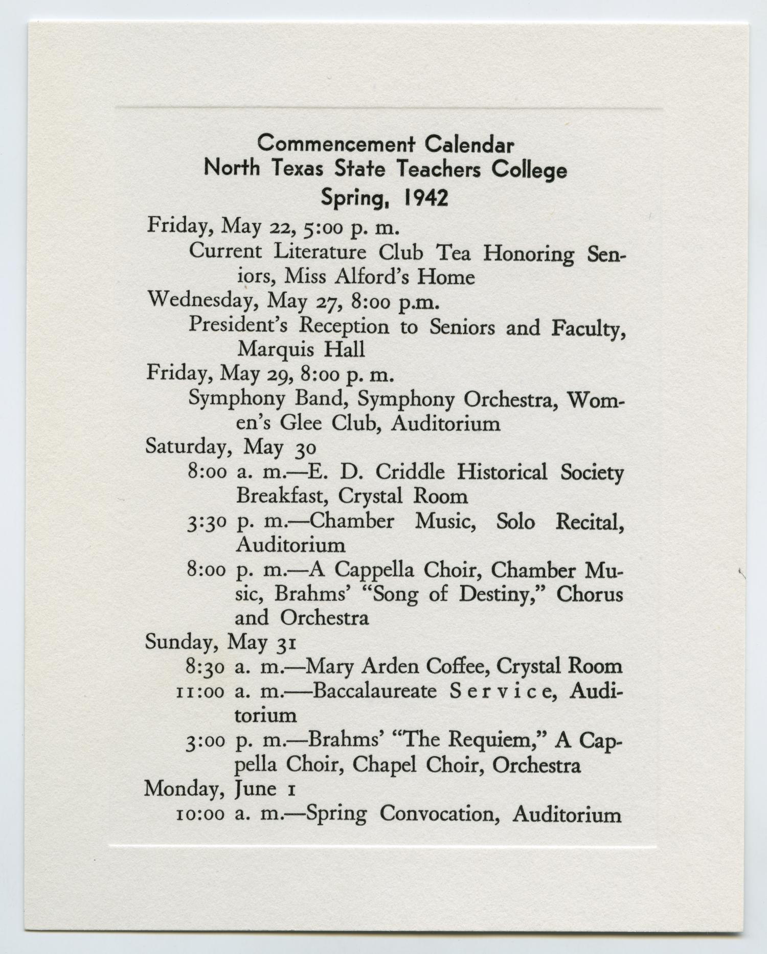 Commencement Calendar for North Texas State Teachers College, Spring 1942] The Portal to Texas History