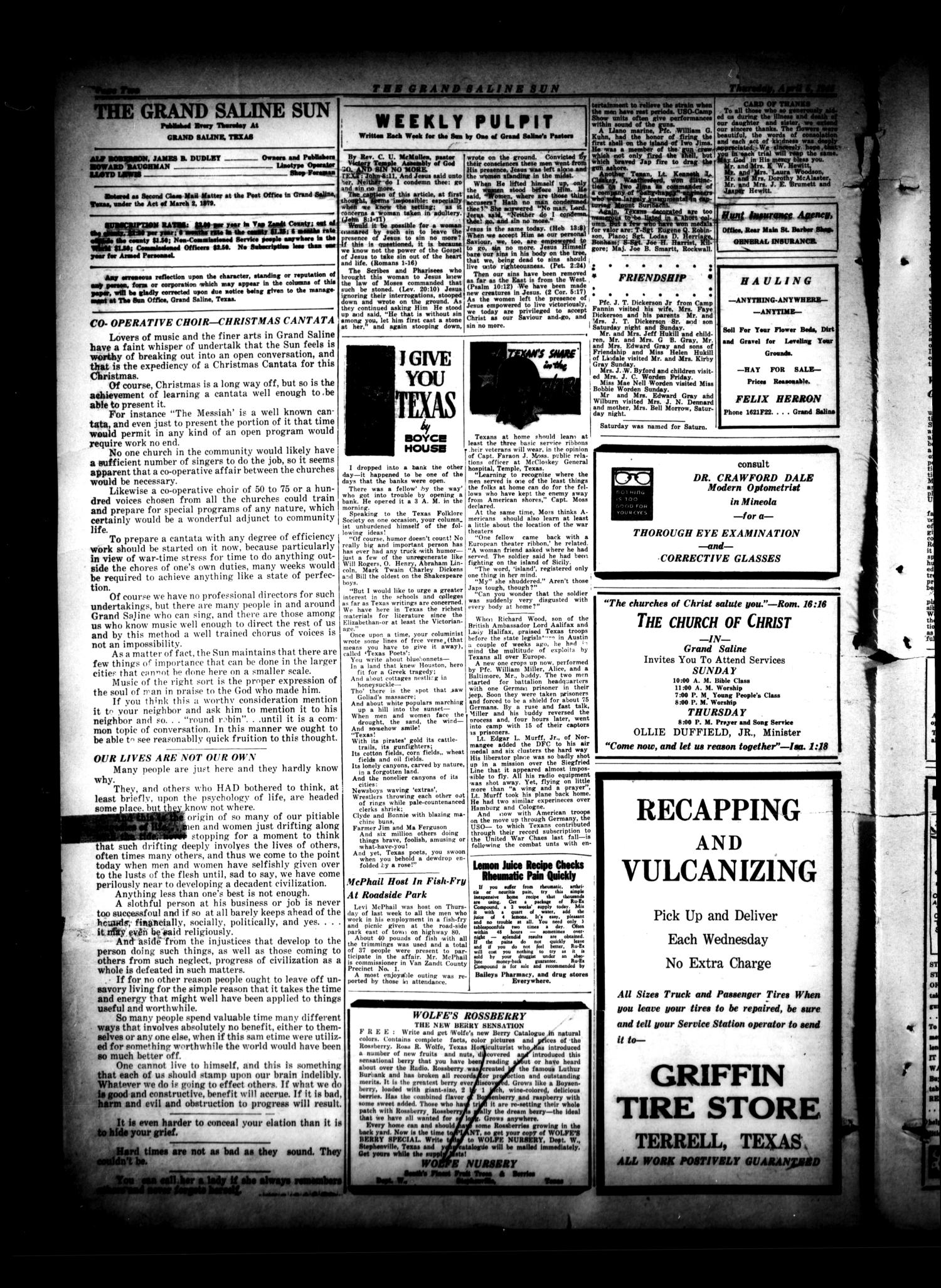 The Grand Saline Sun (Grand Saline, Tex.), Vol. 52, No. 20, Ed. 1