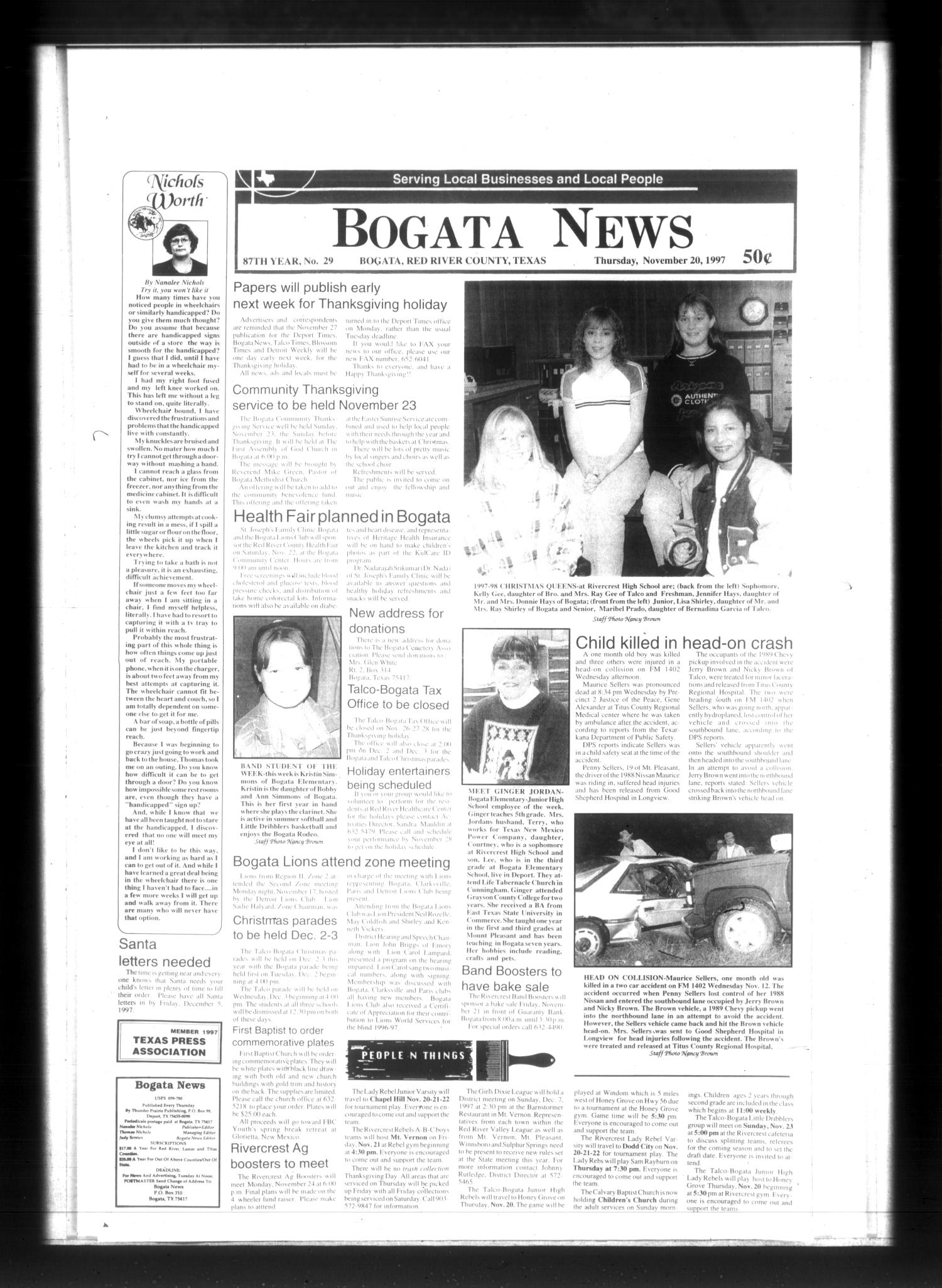 Bogata News (Bogata, Tex.), Vol. 87, No. 29, Ed. 1 Thursday, November