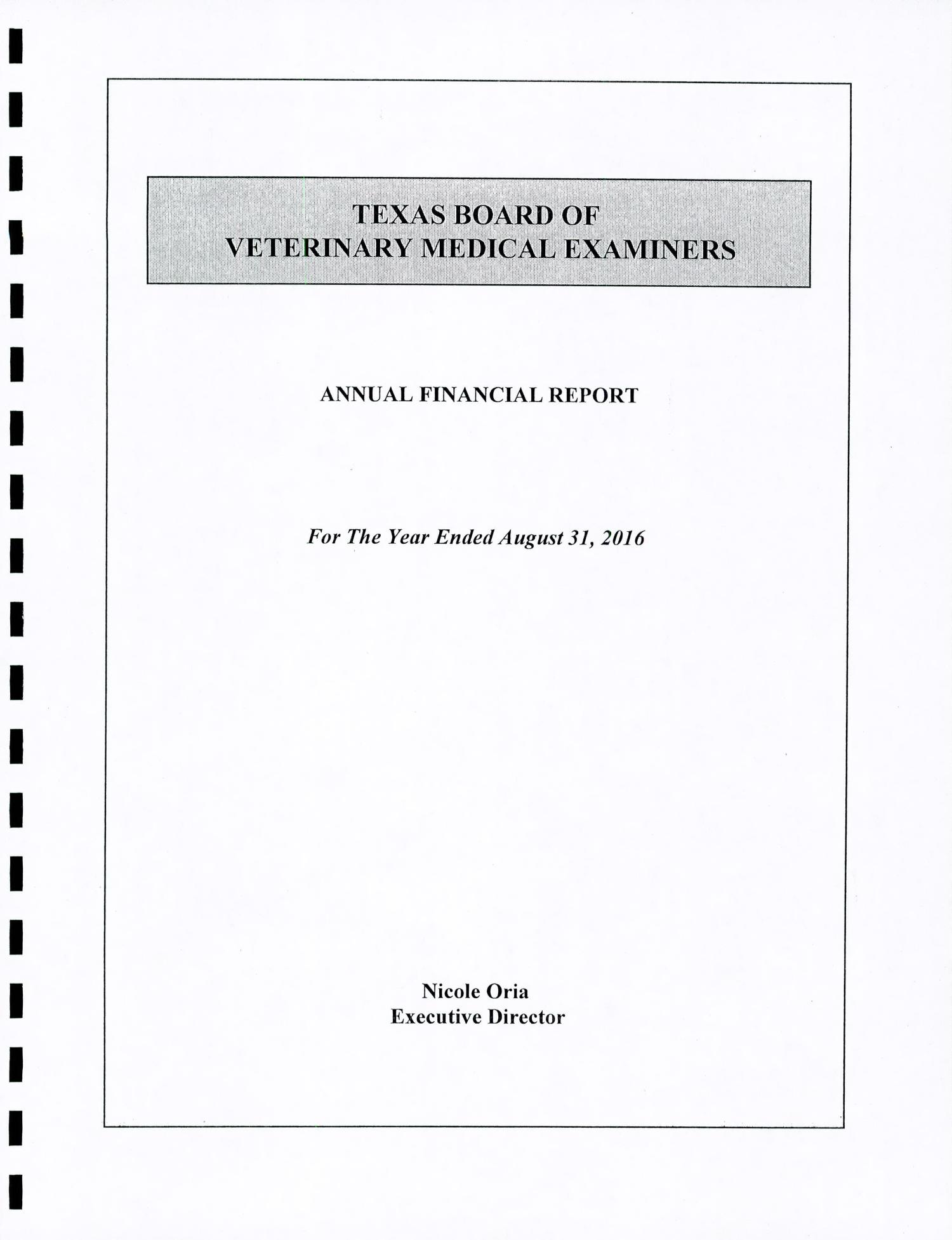 Texas Board of Veterinary Medical Examiners Annual Financial Report