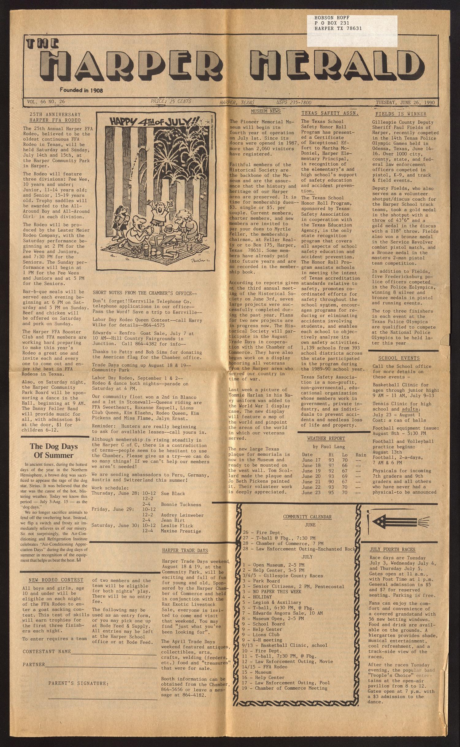 The Harper Herald (Harper, Tex.), Vol. 66, No. 26, Ed. 1 Tuesday, June