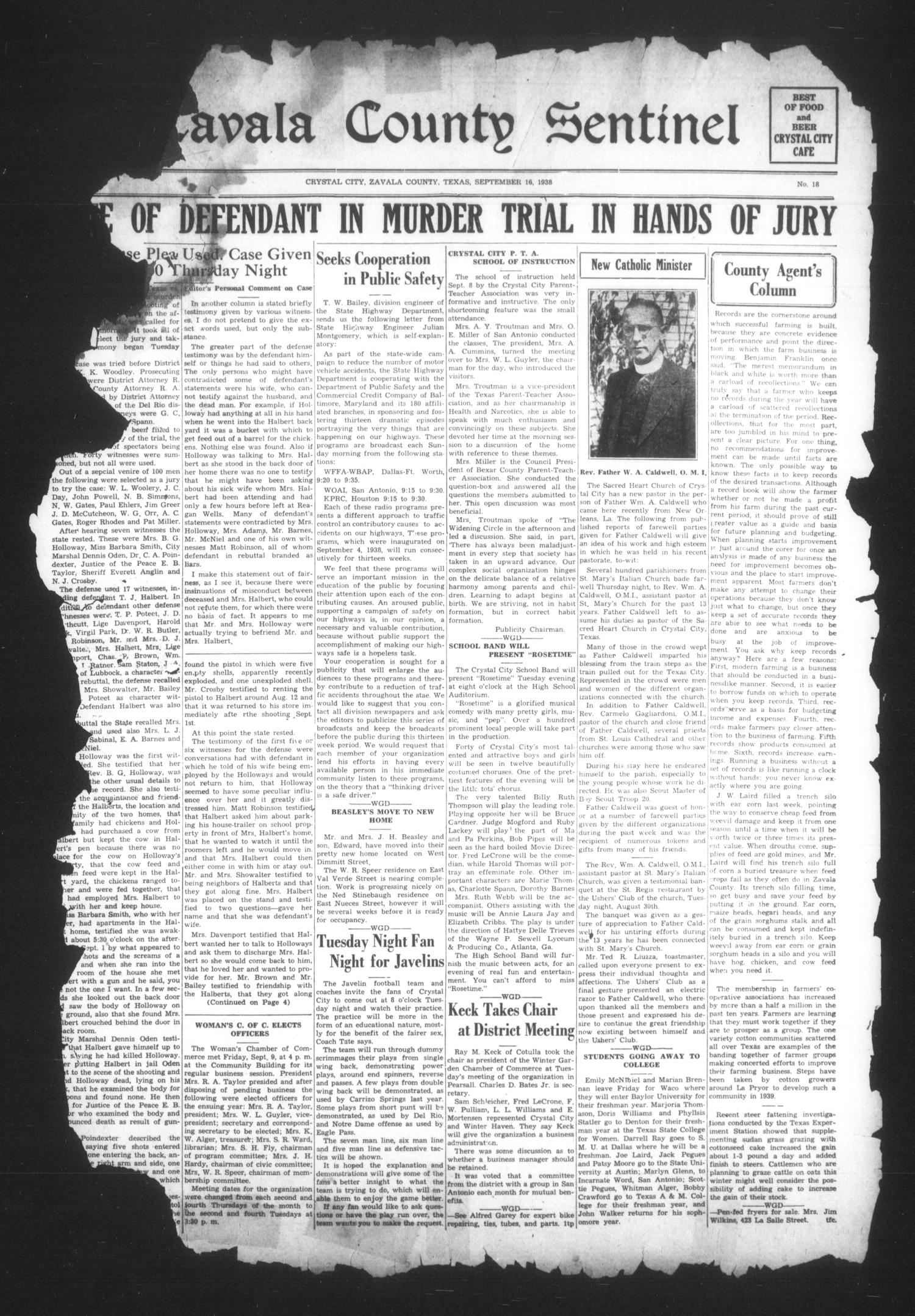 Zavala County Sentinel (Crystal City, Tex.), Vol. [27], No. 18, Ed. 1 Friday, September 16, 1938