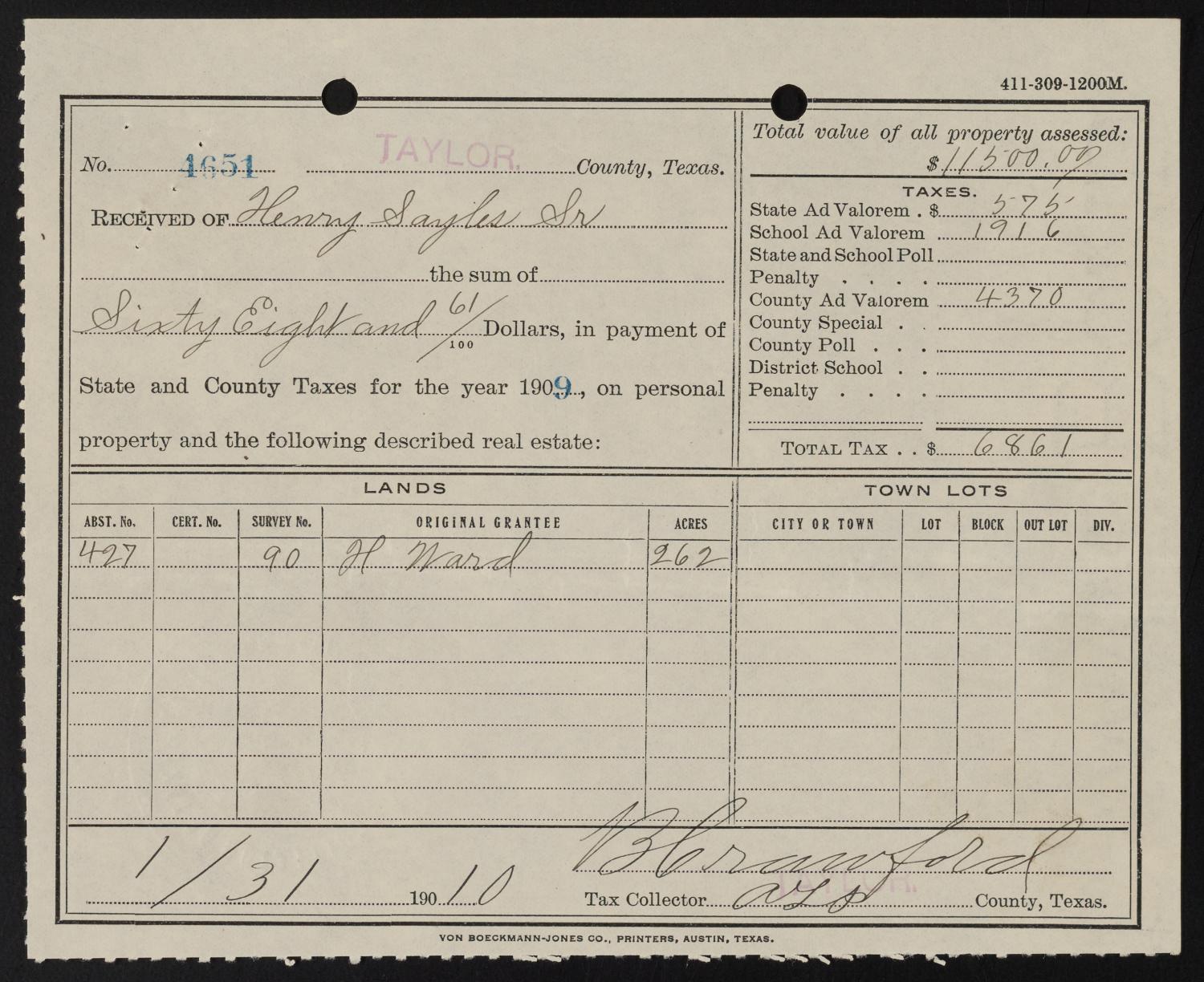 [Receipt for Taylor County Taxes, 1909] The Portal to Texas History