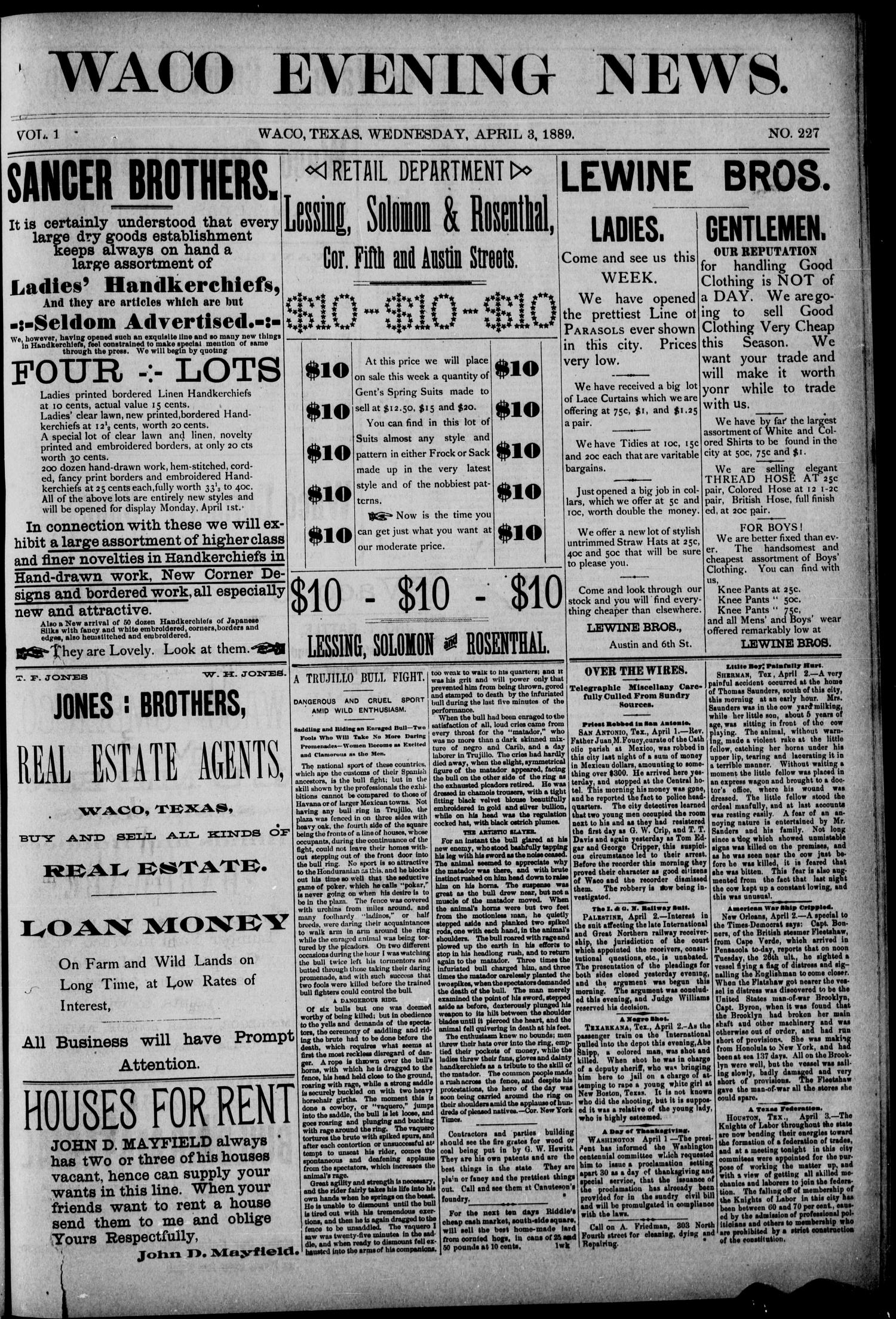 Waco Evening News. (Waco, Tex.), Vol. 1, No. 227, Ed. 1, Wednesday