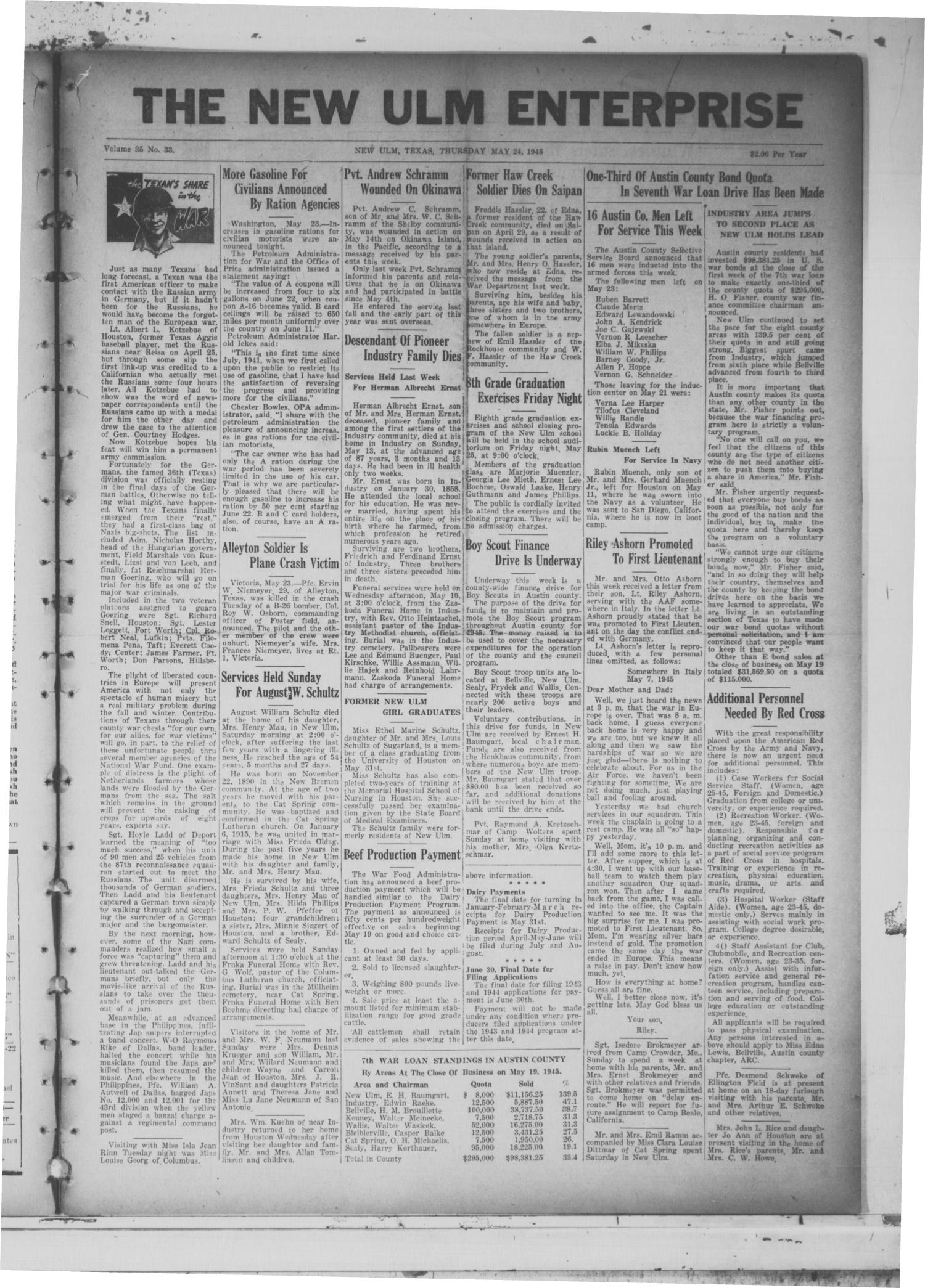 The New Ulm Enterprise (New Ulm, Tex.), Vol. 35, No. 33, Ed. 1 Thursday