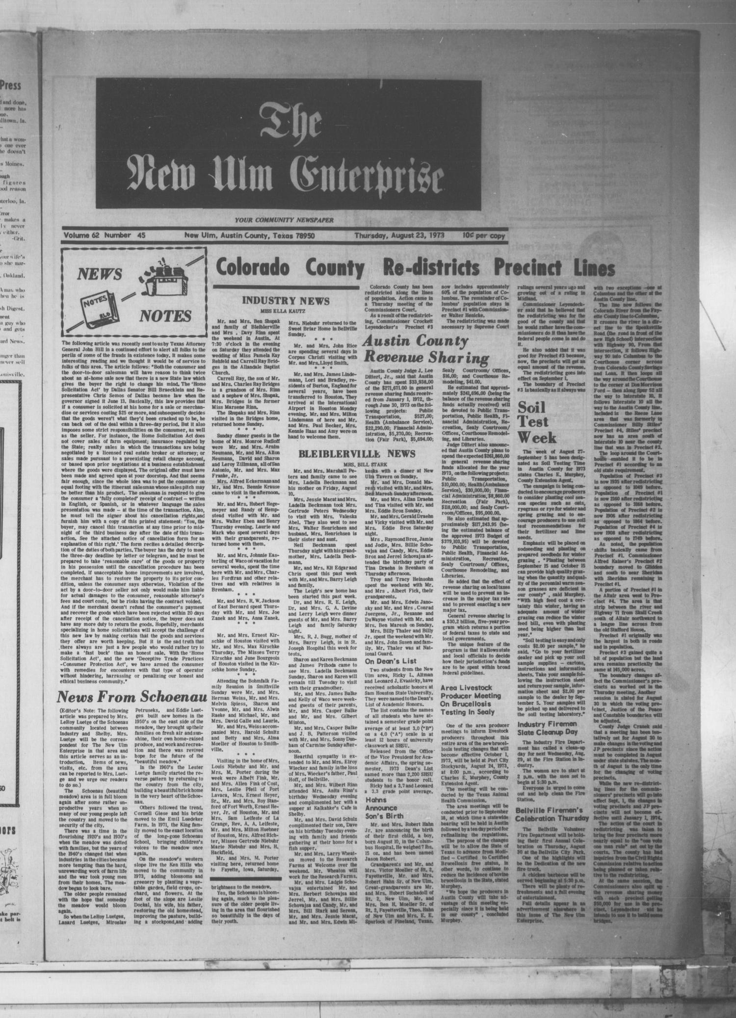 The New Ulm Enterprise (New Ulm, Tex.), Vol. 62, No. 45, Ed. 1 Thursday