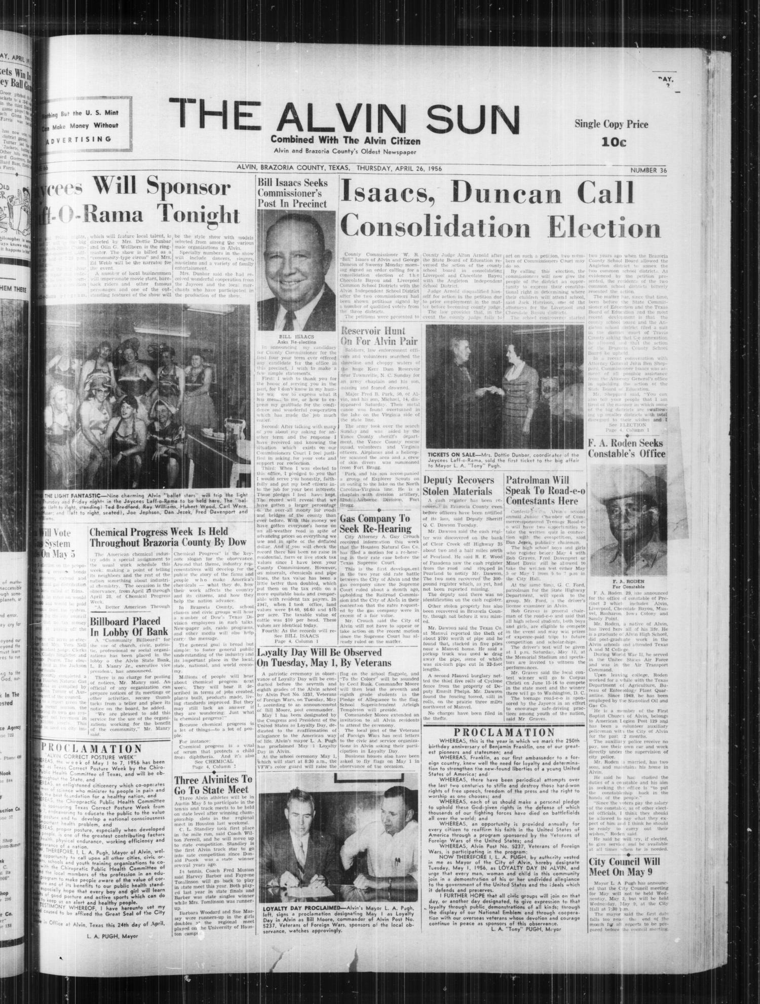 The Alvin Sun (Alvin, Tex.), Vol. 66, No. 36, Ed. 1 Thursday, April 26