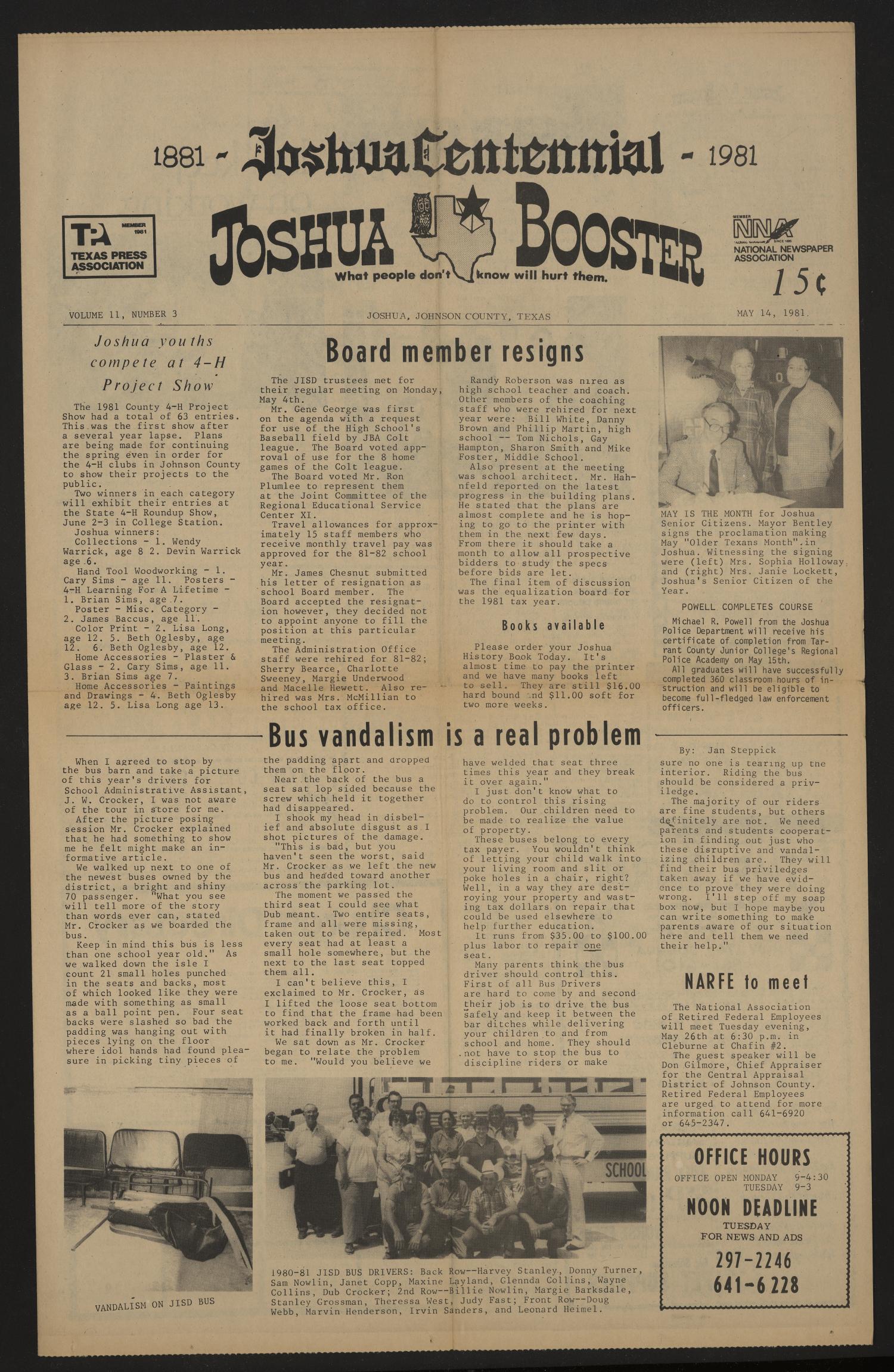 Joshua Booster (Joshua, Tex.), Vol. 11, No. 3, Ed. 1 Thursday, May 14