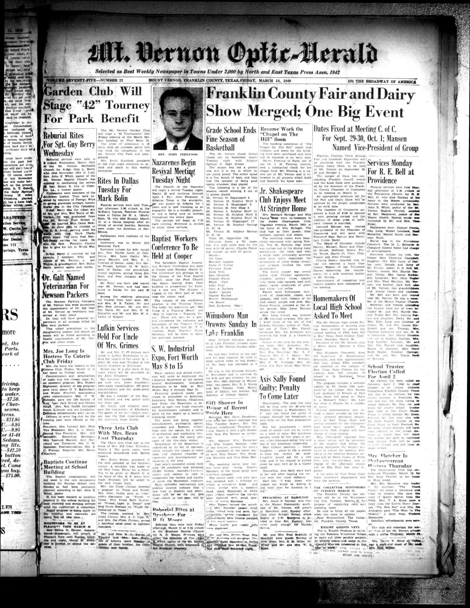 Mt. Vernon OpticHerald (Mount Vernon, Tex.), Vol. 75, No. 22, Ed. 1