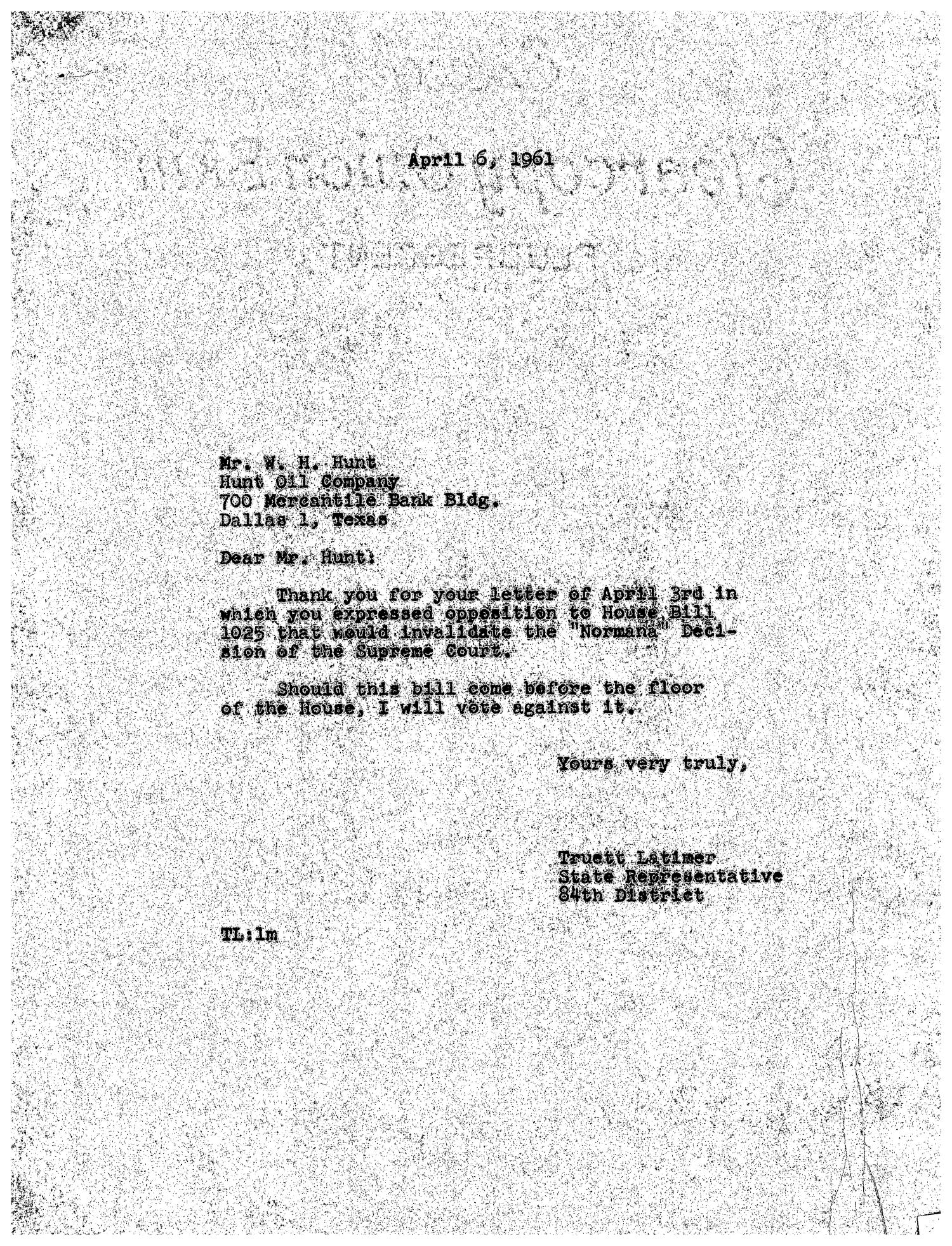 [Letter from Truett Latimer to W. H. Hunt, April 6, 1961] The Portal