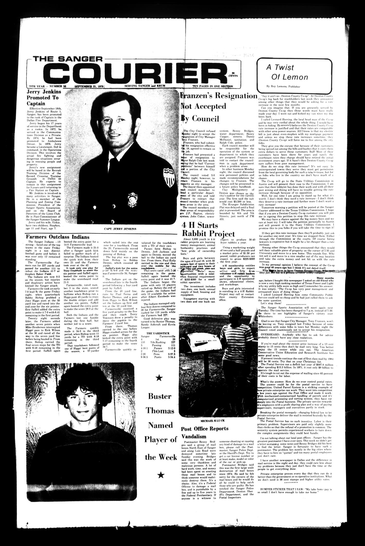 The Sanger Courier (Sanger, Tex.), Vol. 79, No. 50, Ed. 1 Thursday, September 21, 1978 The