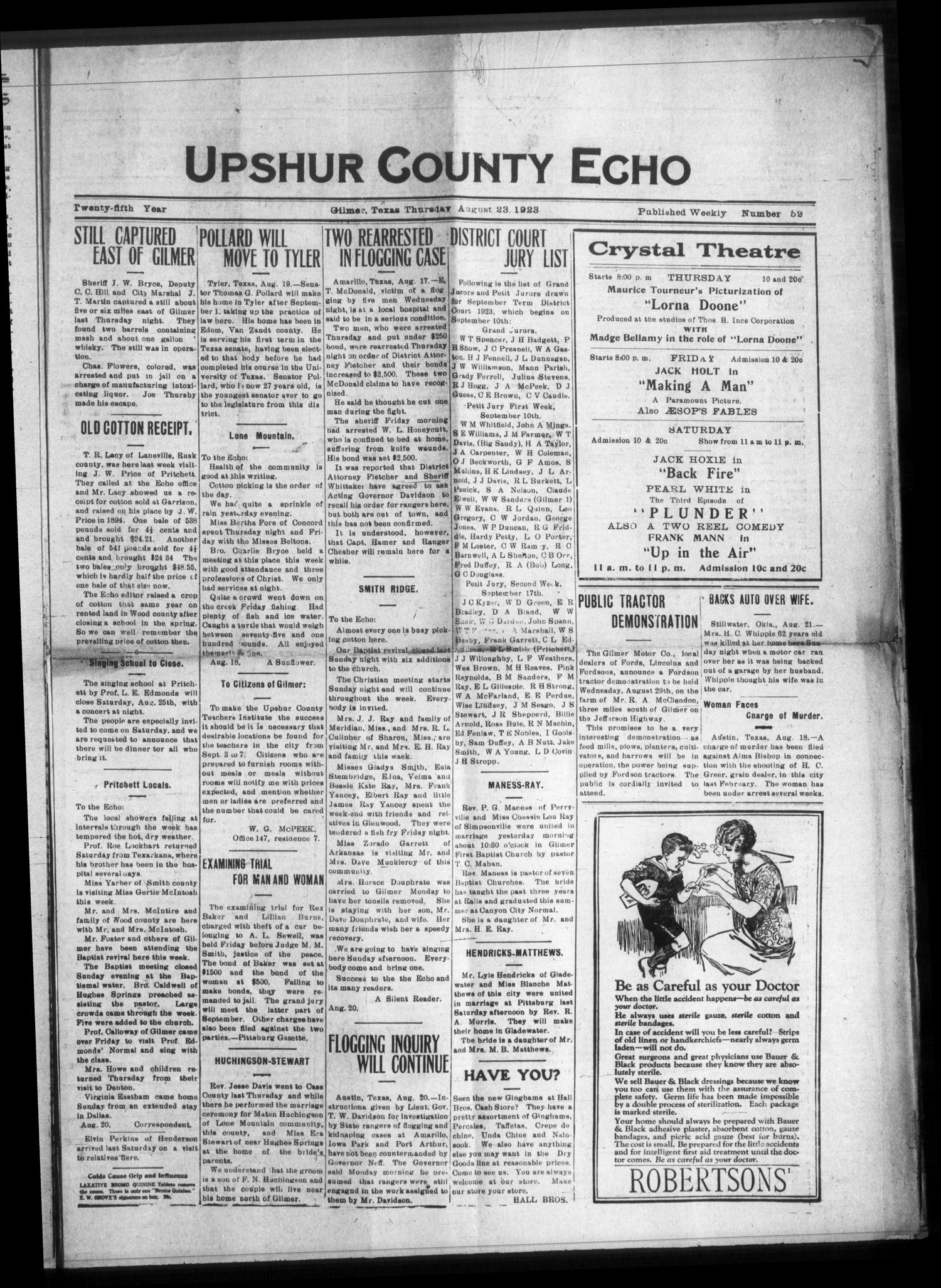 Upshur County Echo (Gilmer, Tex.), Vol. 25, No. 52, Ed. 1 Thursday