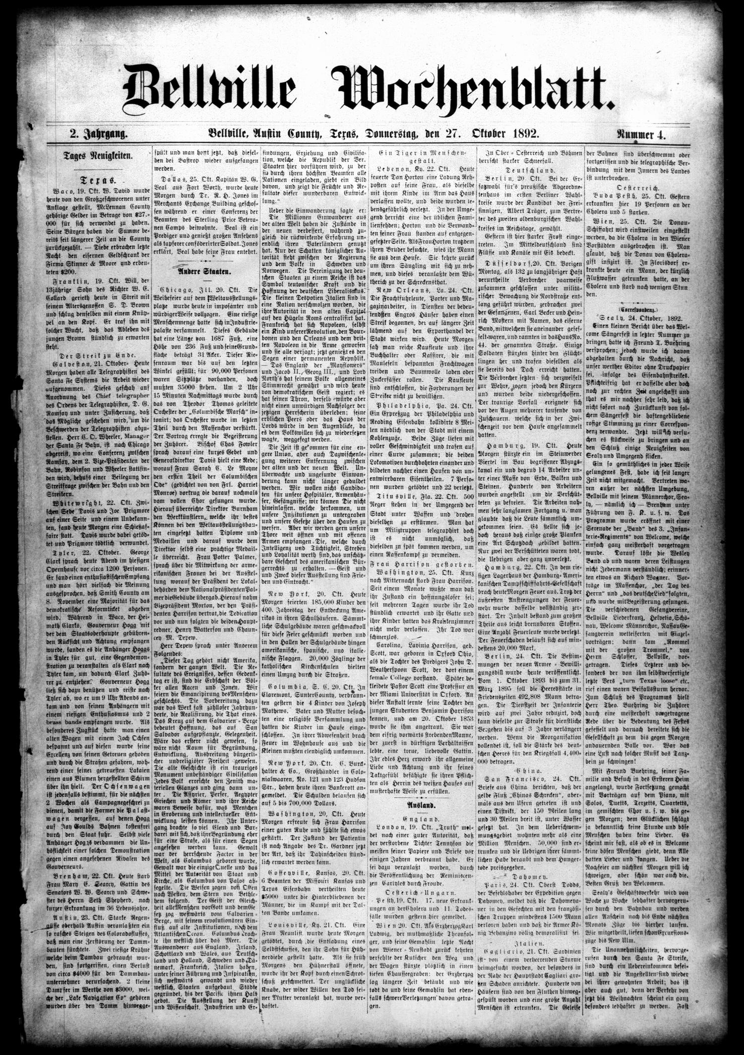 Bellville Wochenblatt. (Bellville, Tex.), Vol. 2, No. 4, Ed. 1 Thursday