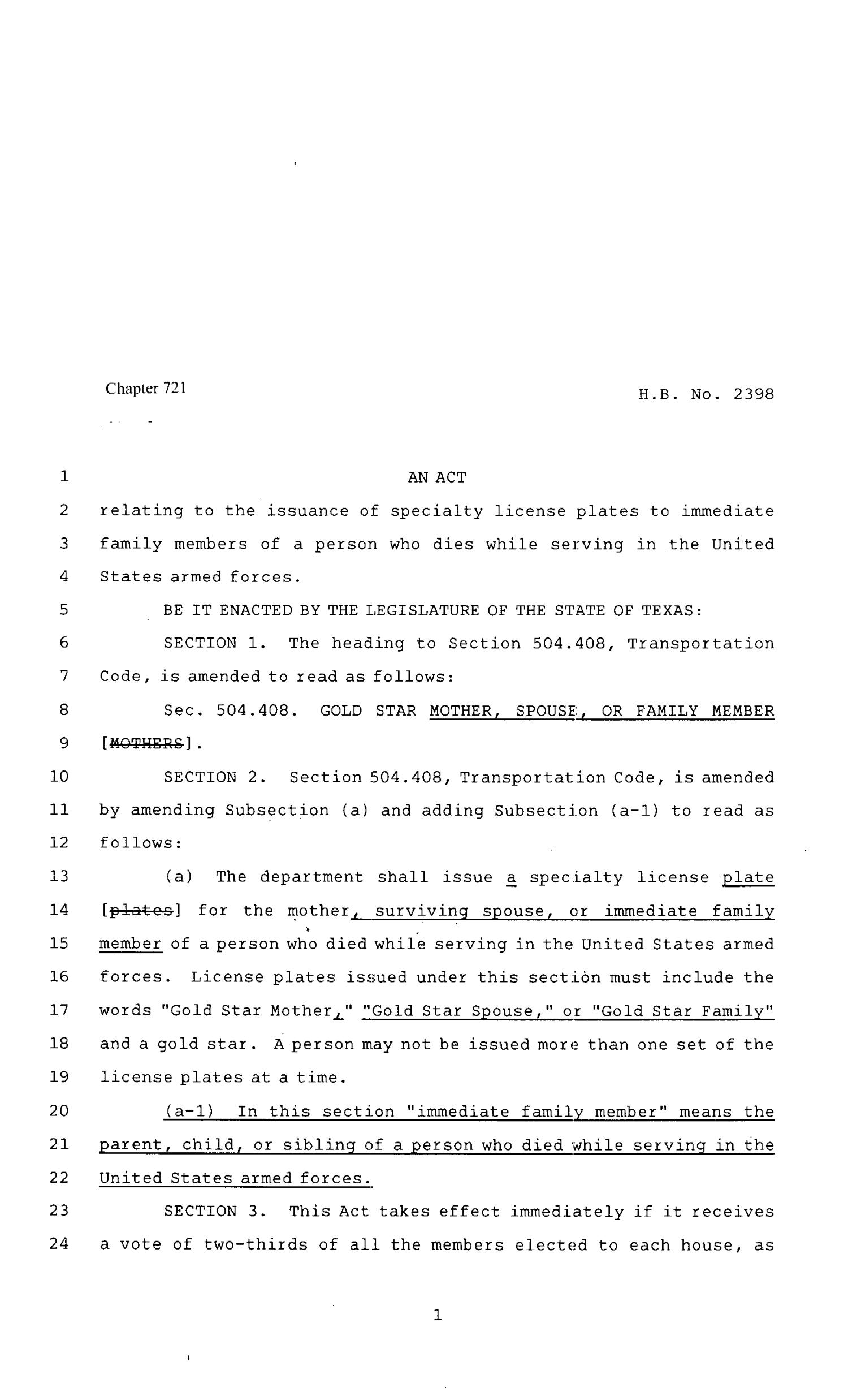 80th Texas Legislature, Regular Session, House Bill 2398, Chapter 721