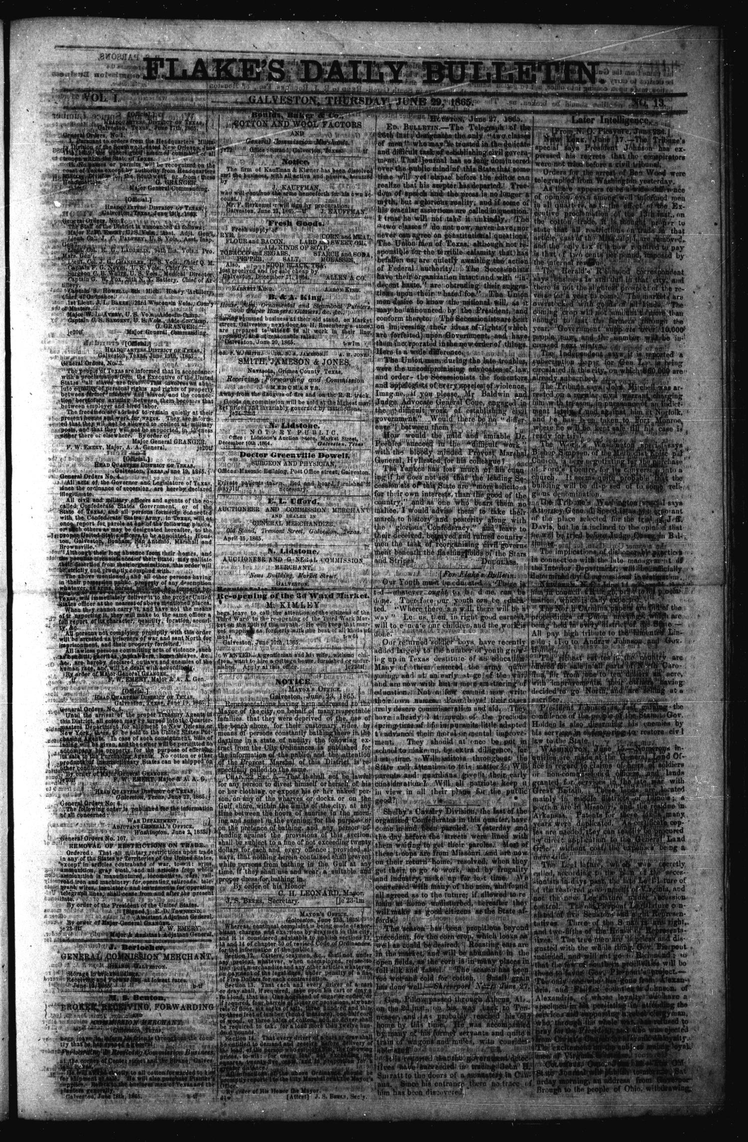 Flake's Daily Bulletin. (Galveston, Tex.), Vol. 1, No. 13, Ed. 1(03)
