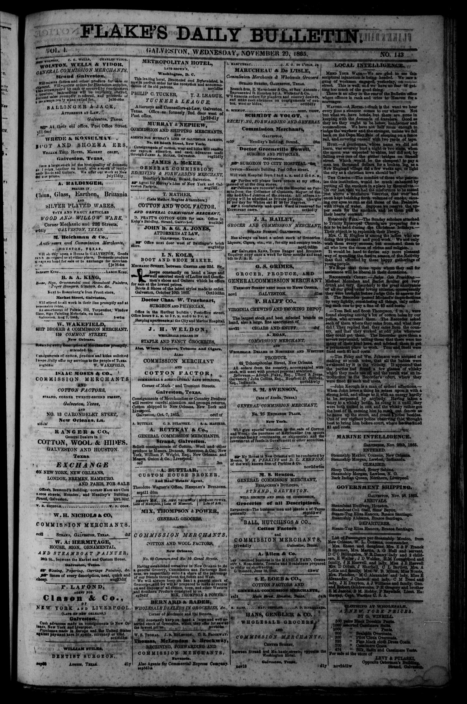 Flake's Daily Bulletin. (Galveston, Tex.), Vol. 1, No. 143, Ed. 1(02)