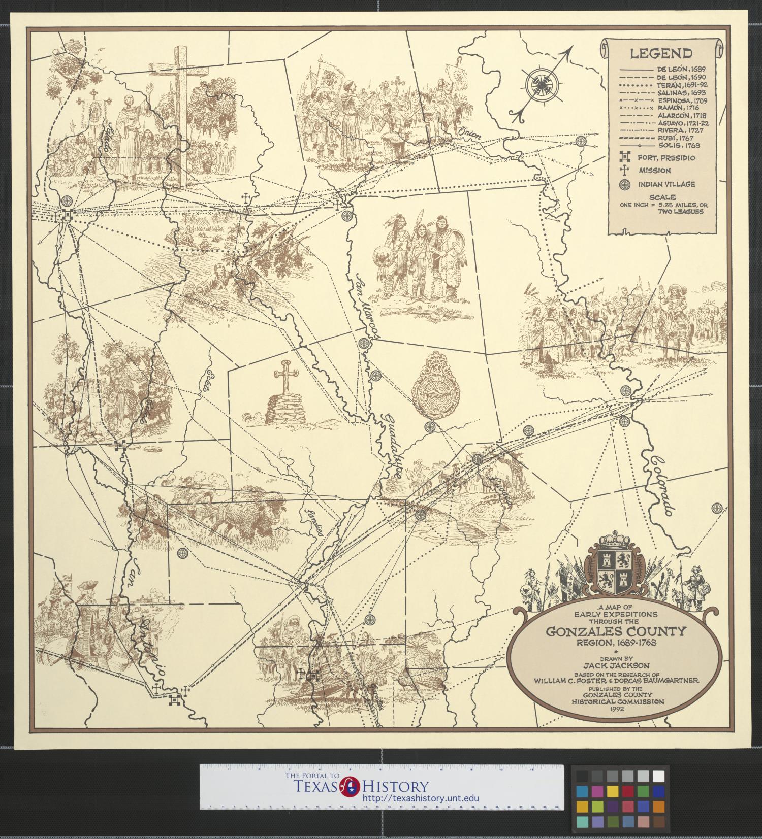 A map of early expeditions through the Gonzales County region, 1689