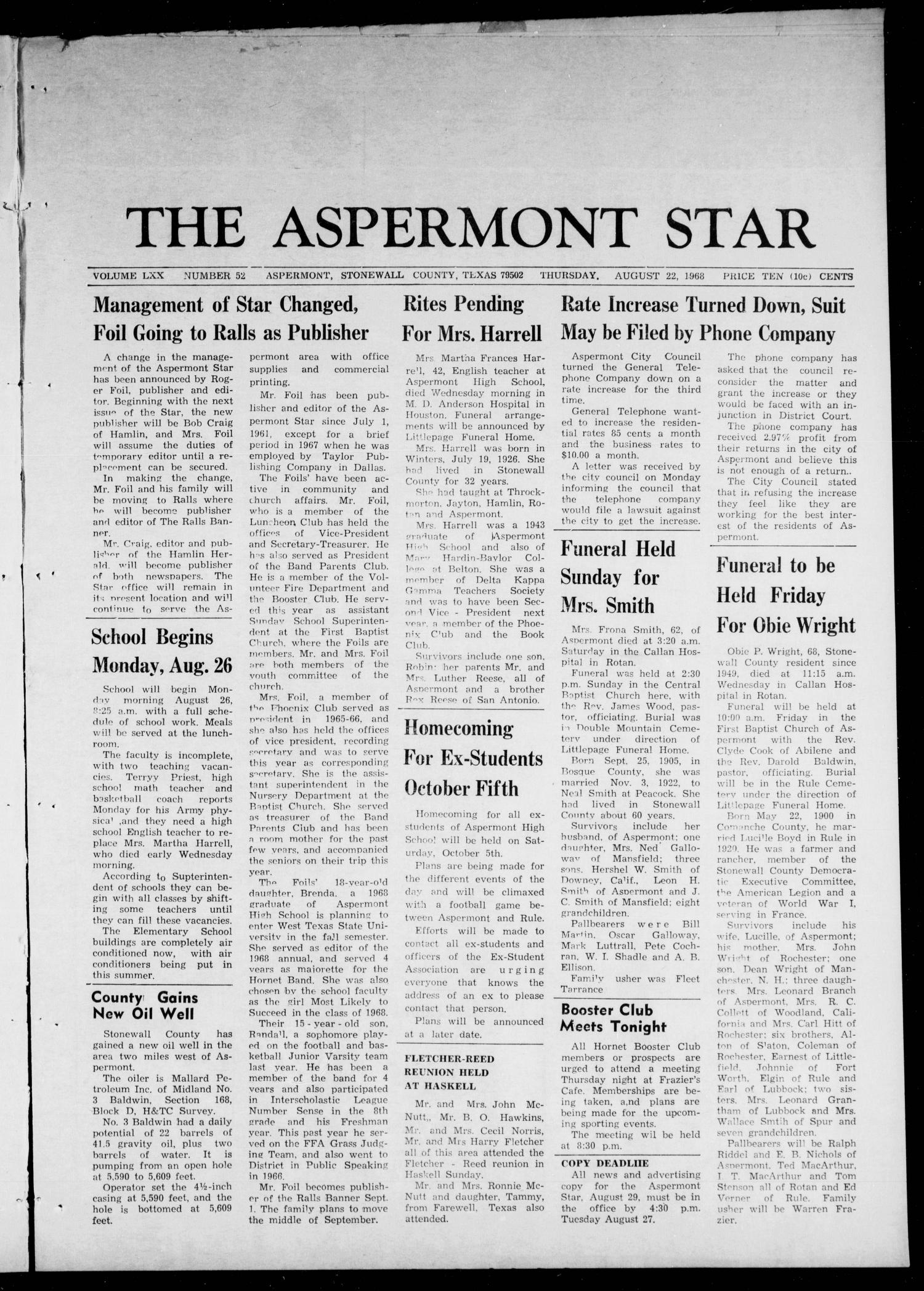 The Aspermont Star (Aspermont, Tex.), Vol. 70, No. 52, Ed. 1 Thursday