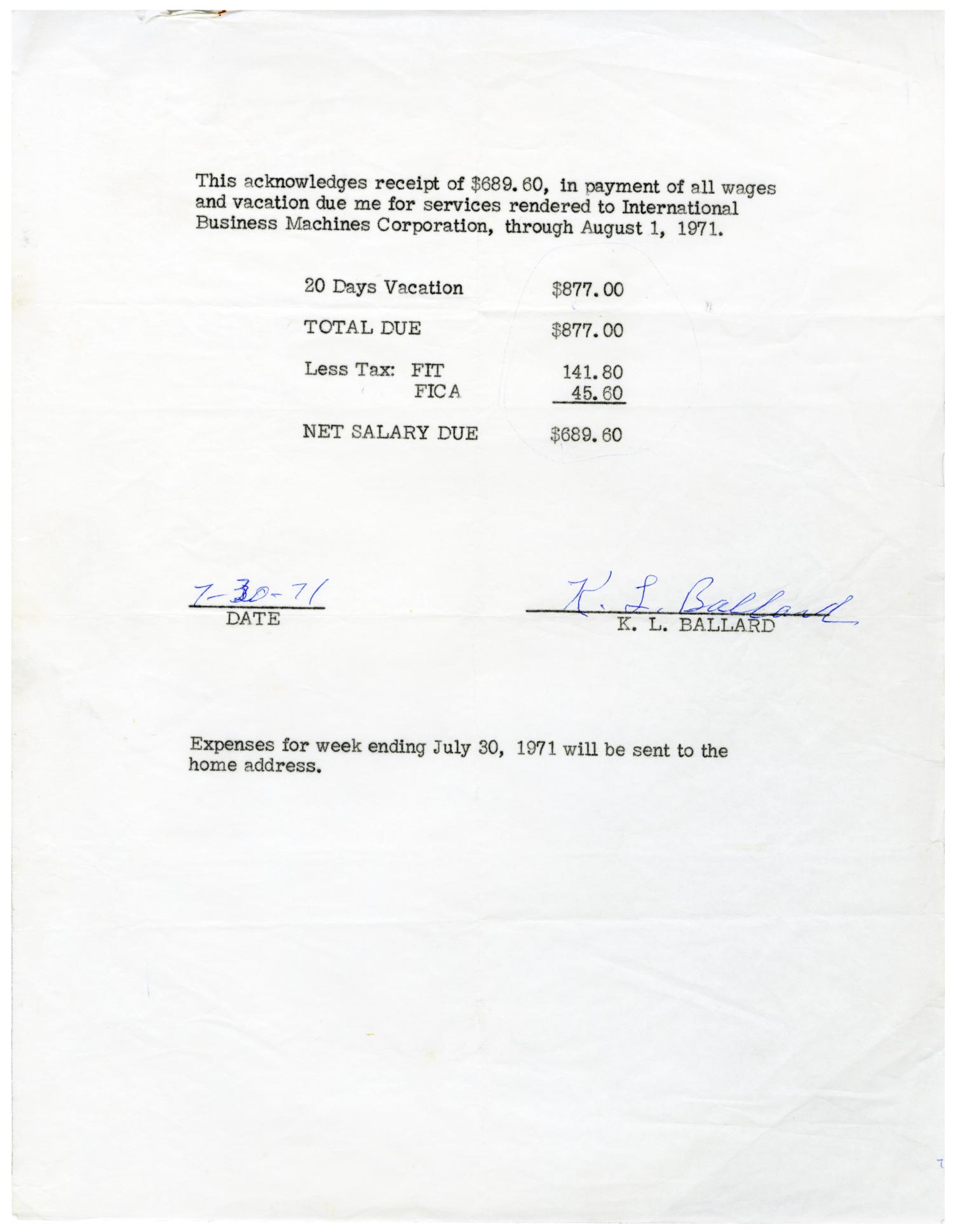 [Acknowledgement of wages received 19710731] The Portal to Texas