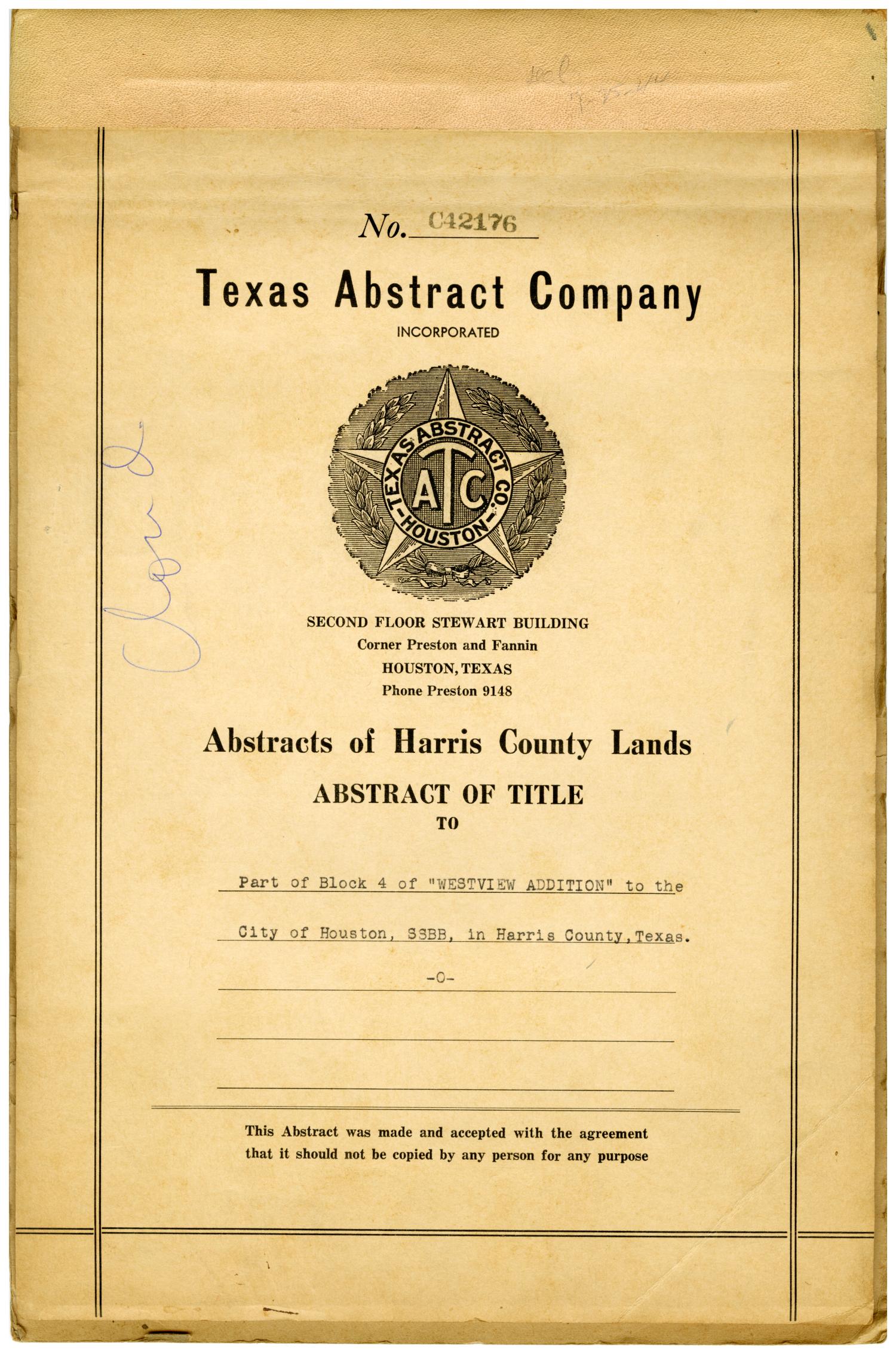 Abstract of Title to Part of Block 4 of "Westview Addition" to the City