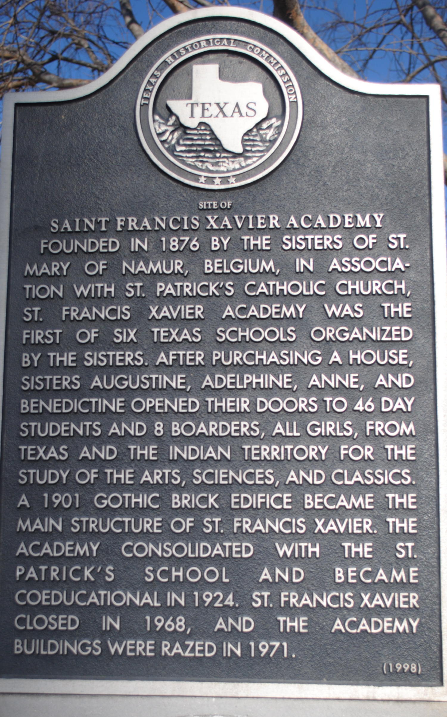 [Texas Historical Commission Marker Saint Francis Xavier Academy